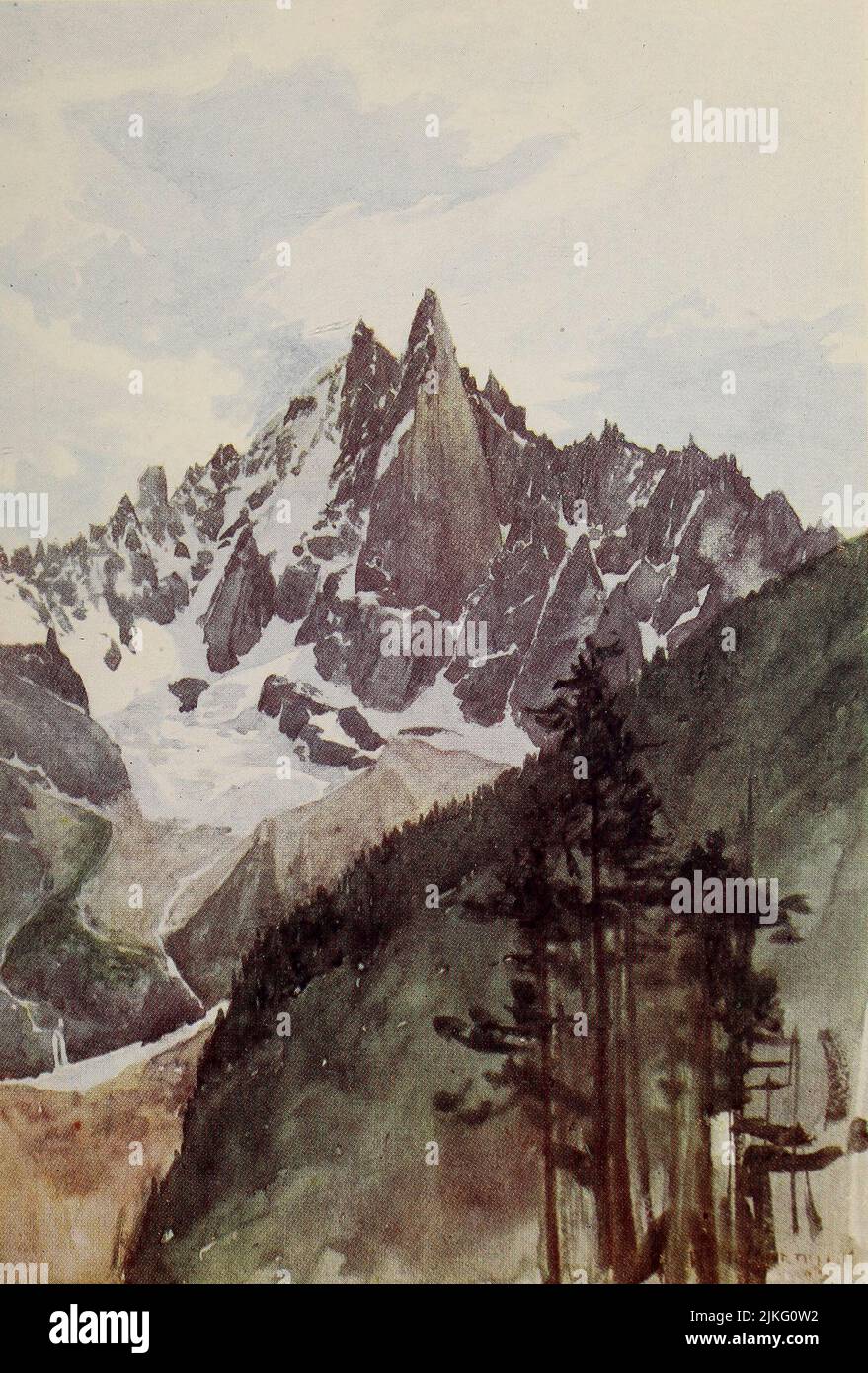 AIGUILLE VERTE E AIGUILLE DU DRU DALLA VALLE DI CHAMONIX. Un gruppo ben noto, tipico delle Aiguilles della catena del Monte Bianco. Dipinto da A. D. McCormick dal libro 'le Alpi' di Sir William Martin Conway, Data di pubblicazione 1904 Editore Londra : Adam e Charles Black Arthur David McCormick FRGS (Coleraine, 14 ottobre 1860 – 1943) è stato un illustratore e pittore britannico di paesaggi, scene storiche, soggetti navali e scene di genere. Foto Stock