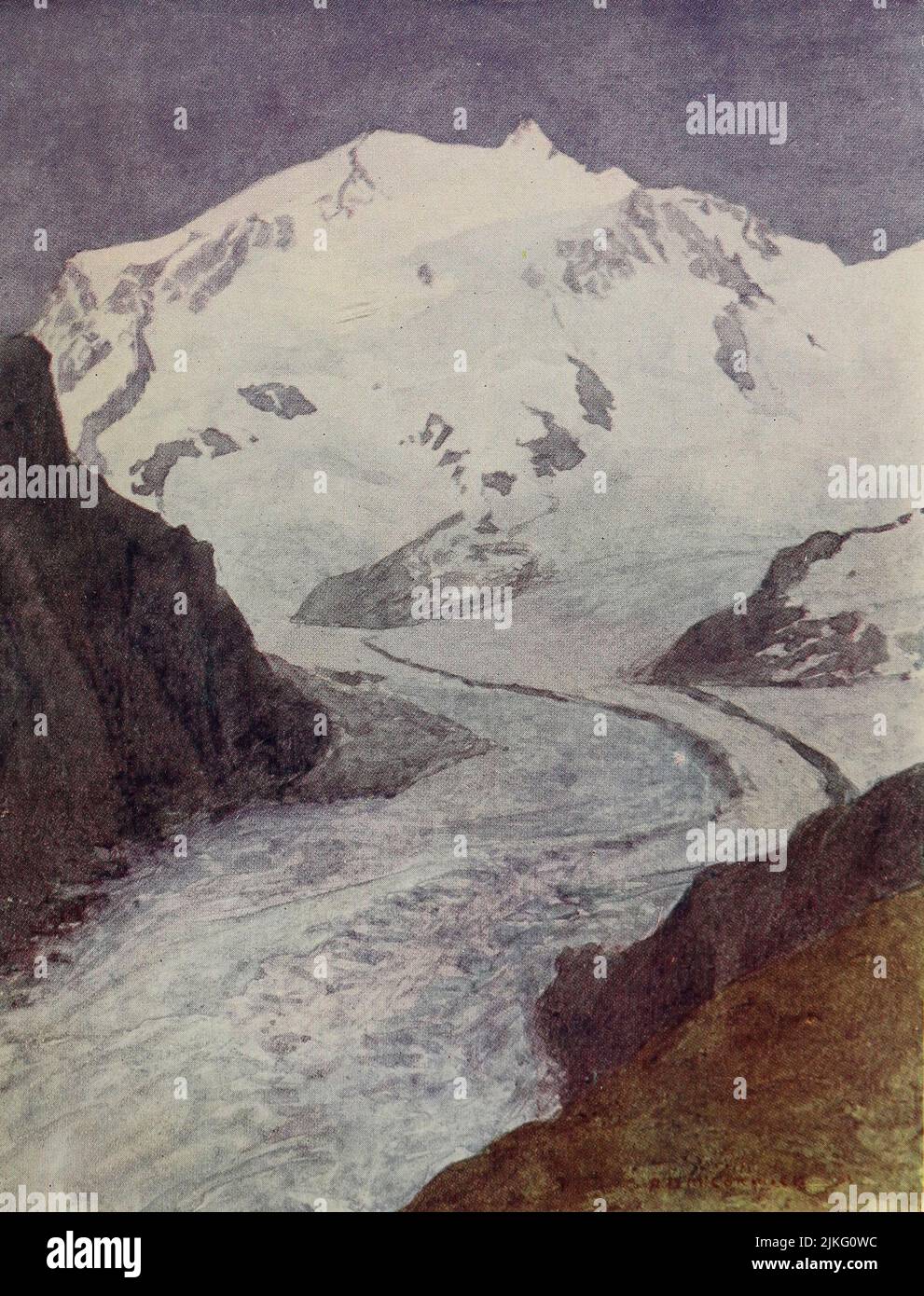 Ghiacciaio Boden e Gorner Monte Rosa dallo Schwarzee. L'ultima luce del giorno. Il piede dei Riffelhorri sulla sinistra dipinto da A. D. McCormick dal libro 'le Alpi' di Sir William Martin Conway, anno di pubblicazione 1904 Editore Londra : Adam e Charles Black Arthur David McCormick FRGS (Coleraine, 14 ottobre 1860 – 1943) è stato un illustratore e pittore britannico di paesaggi, scene storiche, soggetti navali e scene di genere. Foto Stock