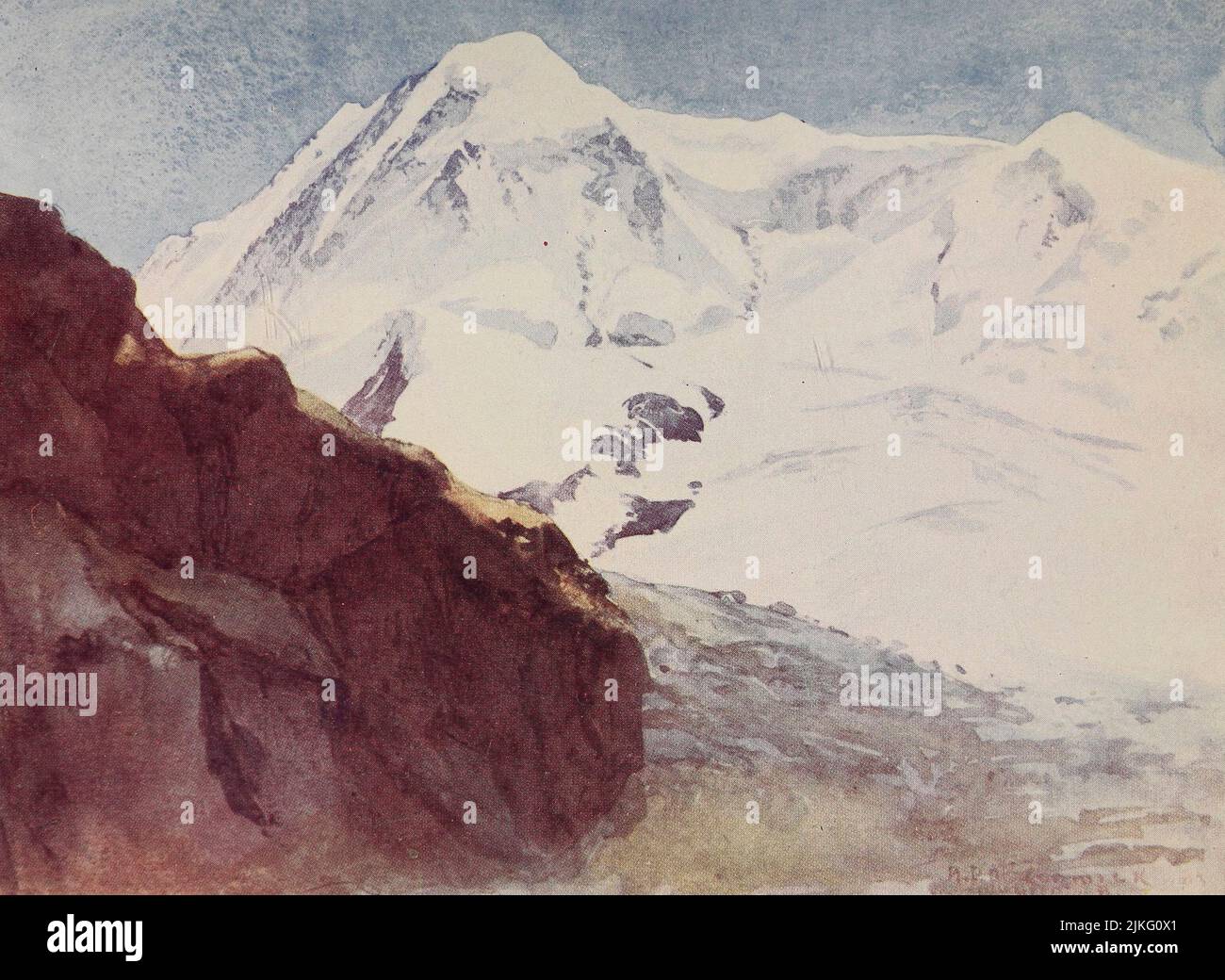 Il Lyskamm dal Riffelberg. Gorner Glacier in basso dipinto da A. D. McCormick dal libro 'le Alpi' di Sir William Martin Conway, Data di pubblicazione 1904 Editore Londra : Adam e Charles Black Arthur David McCormick FRGS (Coleraine, 14 ottobre 1860 – 1943) è stato un illustratore e pittore britannico di paesaggi, scene storiche, soggetti navali e scene di genere. Foto Stock