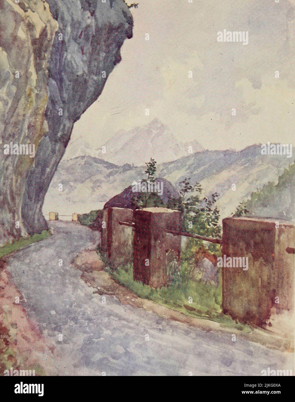 La strada da Vitznau a Gersau l'angolo di Obere Nase. Gruppo Pilatus in lontananza dipinto da A. D. McCormick dal libro 'le Alpi' di Sir William Martin Conway, Data di pubblicazione 1904 Editore Londra : Adam e Charles Black Arthur David McCormick FRGS (Coleraine, 14 ottobre 1860 – 1943) è stato un illustratore e pittore britannico di paesaggi, scene storiche, soggetti navali e scene di genere. Foto Stock