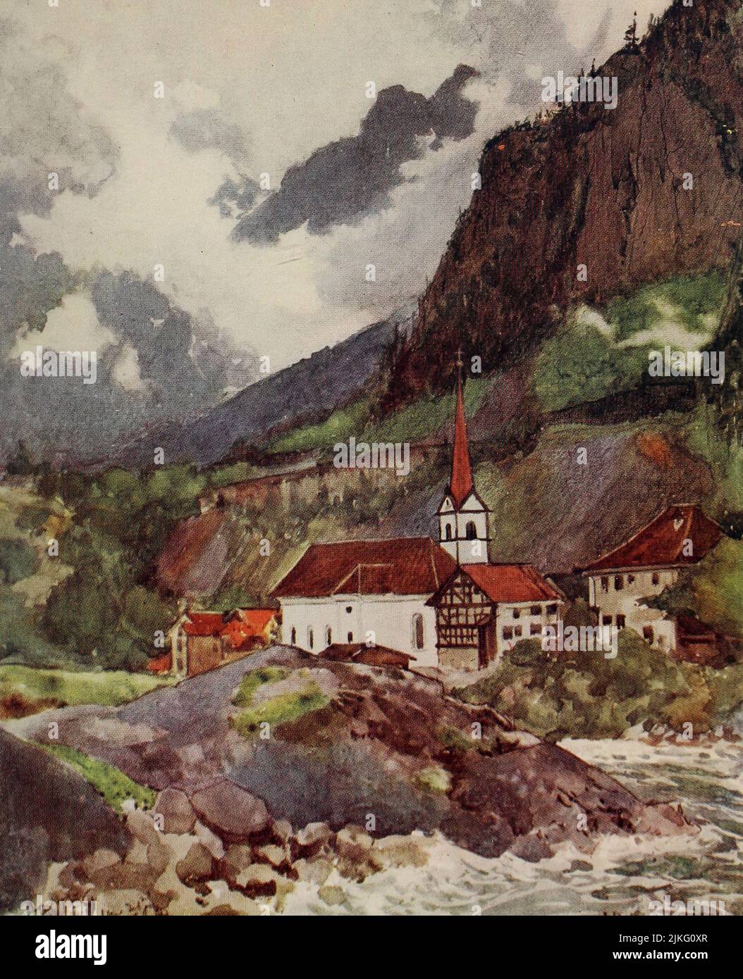 Amsteg nel Reussthal sulla ferrovia del San Gottardo. Ingresso al Tunnel Windgelle sopra l'ultima casa a destra della foto dipinta da A. D. McCormick dal libro 'le Alpi' di Sir William Martin Conway, Data di pubblicazione 1904 Editore Londra : Adam e Charles Black Arthur David McCormick FRGS (Coleraine, 14 ottobre 1860 – 1943) è stato un illustratore e pittore britannico di paesaggi, scene storiche, soggetti navali e scene di genere. Foto Stock