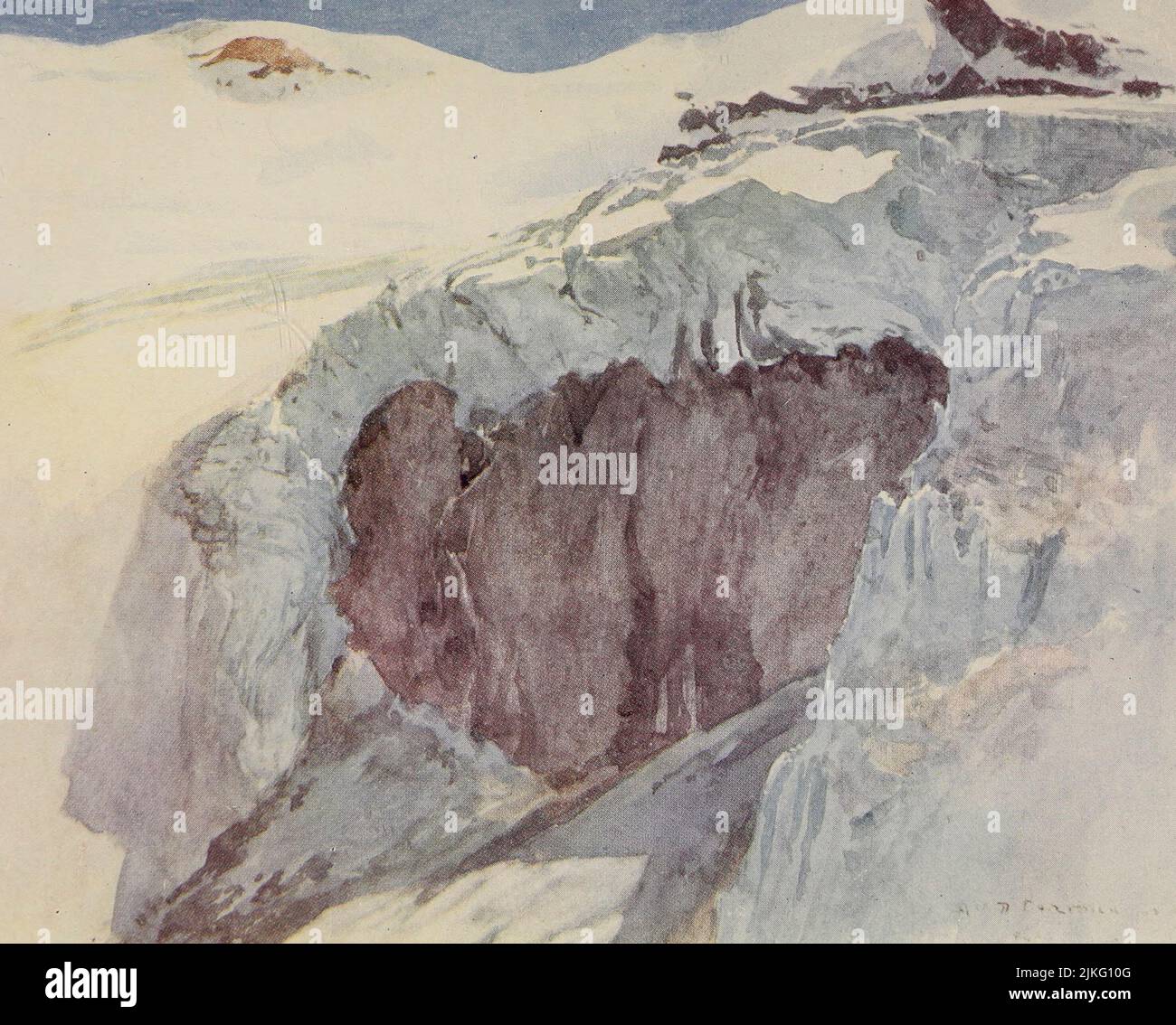 FURGGEN GLACIER ICEFALL Furggjoch in cima alla foto dipinta da A. D. McCormick dal libro 'le Alpi' di Sir William Martin Conway, Data di pubblicazione 1904 Editore Londra : Adam e Charles Black Arthur David McCormick FRGS (Coleraine, 14 ottobre 1860 – 1943) è stato un illustratore e pittore britannico di paesaggi, scene storiche, soggetti navali e scene di genere. Foto Stock