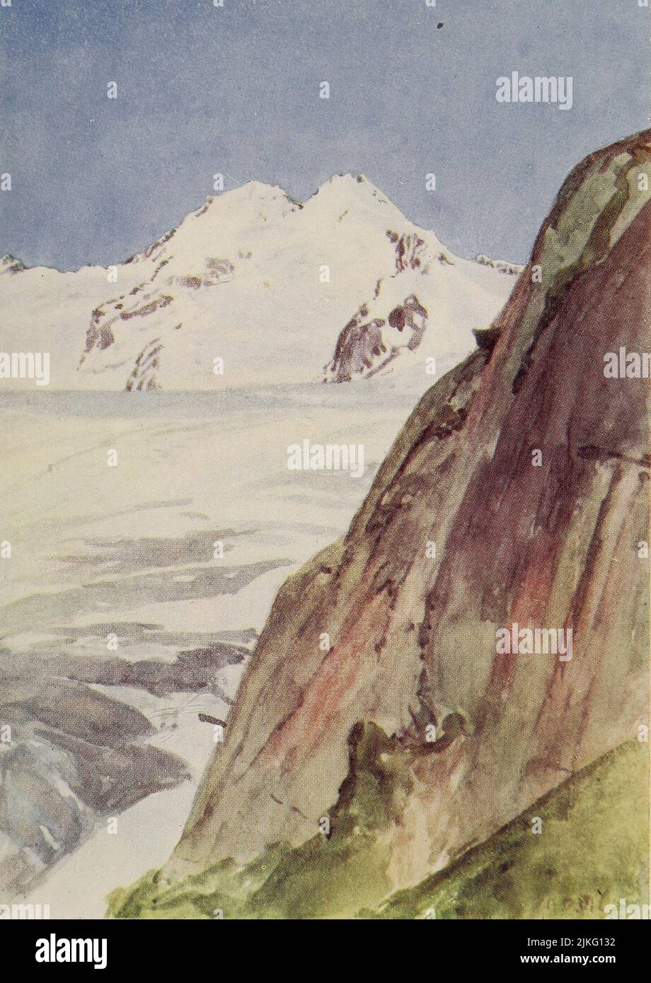 Il Trugberg che guarda sul ghiacciaio Aletsch dall'angolo di Marjelen Vedi dipinto da A. D. McCormick dal libro ' le Alpi ' di Sir William Martin Conway, Data di pubblicazione 1904 Editore Londra : Adam e Charles Black Arthur David McCormick FRGS (Coleraine, 14 ottobre 1860 – 1943) è stato un illustratore e pittore britannico di paesaggi, scene storiche, soggetti navali e scene di genere. Foto Stock