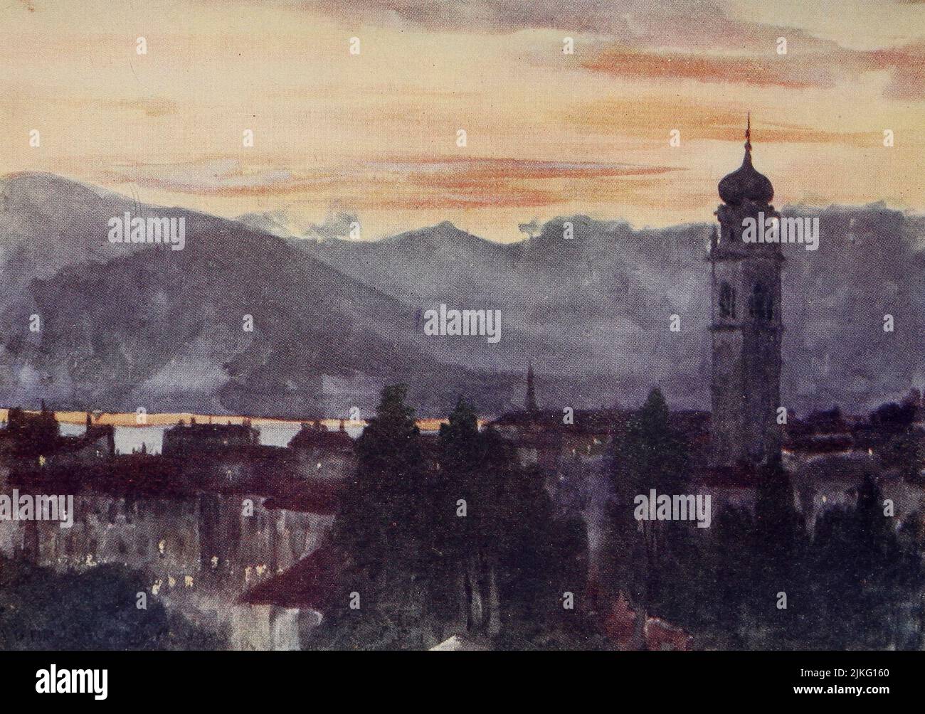 Pallanza al tramonto dipinto da A. D. McCormick dal libro 'le Alpi' di Sir William Martin Conway, anno di pubblicazione 1904 Editore Londra : Adam e Charles Black Arthur David McCormick FRGS (Coleraine, 14 ottobre 1860 – 1943) è stato un illustratore e pittore britannico di paesaggi, scene storiche, soggetti navali e scene di genere. Foto Stock