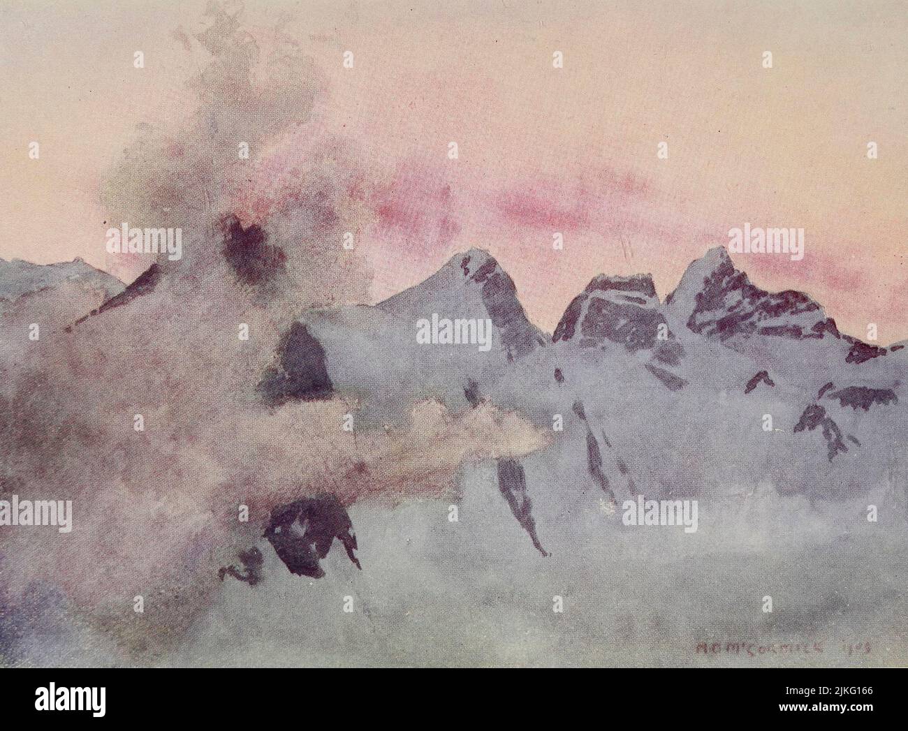 Kranzberg — Rotthalhorn — e Jungfrau al Tramonto dipinte da A. D. McCormick dal libro " le Alpi " di Sir William Martin Conway, Data di pubblicazione 1904 Editore Londra : Adam e Charles Black Arthur David McCormick FRGS (Coleraine, 14 ottobre 1860 – 1943) è stato un illustratore e pittore britannico di paesaggi, scene storiche, soggetti navali e scene di genere. Foto Stock