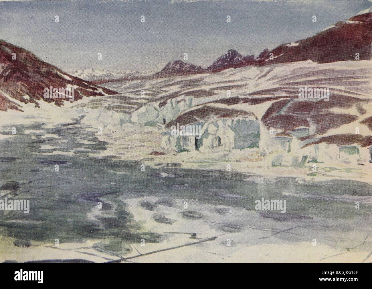 Marjelen See and Great Aletsch Glacier dipinto da A. D. McCormick dal libro ' le Alpi ' di Sir William Martin Conway, Pubblicazione data 1904 Editore Londra : Adam e Charles Black Arthur David McCormick FRGS (Coleraine, 14 ottobre 1860 – 1943) è stato un illustratore e pittore britannico di paesaggi, scene storiche, soggetti navali e scene di genere. Foto Stock