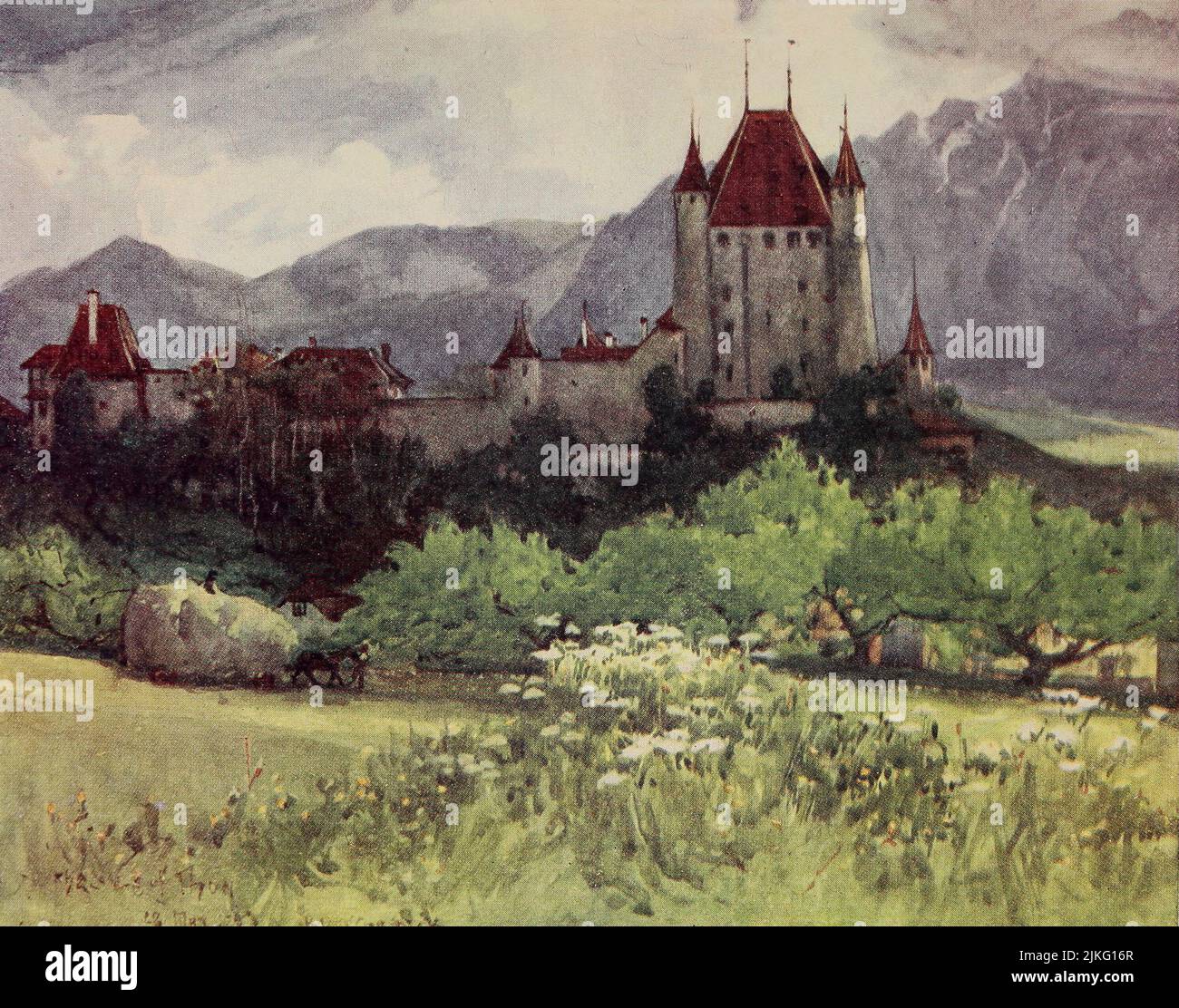 Il Castello di Zahringen-Kyburg, Thun dipinto da A. D. McCormick dal libro 'le Alpi' di Sir William Martin Conway, Data di pubblicazione 1904 Editore Londra : Adam e Charles Black Arthur David McCormick FRGS (Coleraine, 14 ottobre 1860 – 1943) è stato un illustratore e pittore britannico di paesaggi, scene storiche, soggetti navali e scene di genere. Foto Stock