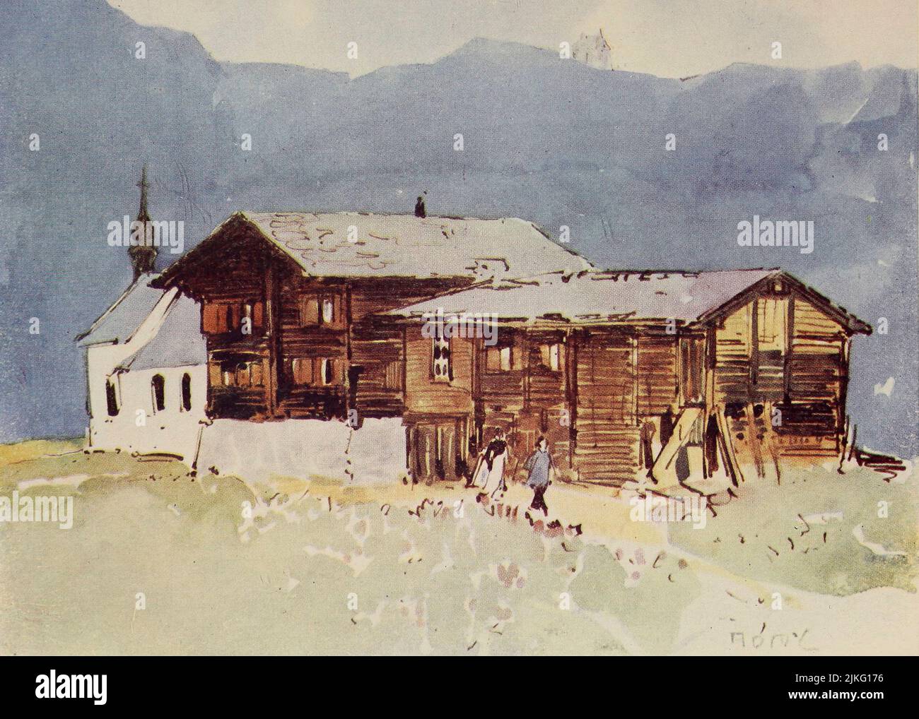 Chalet e Chiesa. Riederalp dipinto da A. D. McCormick dal libro 'le Alpi' di Sir William Martin Conway, Pubblicazione data 1904 Editore Londra : Adam e Charles Black Arthur David McCormick FRGS (Coleraine, 14 ottobre 1860 – 1943) è stato un illustratore e pittore britannico di paesaggi, scene storiche, soggetti navali e scene di genere. Foto Stock