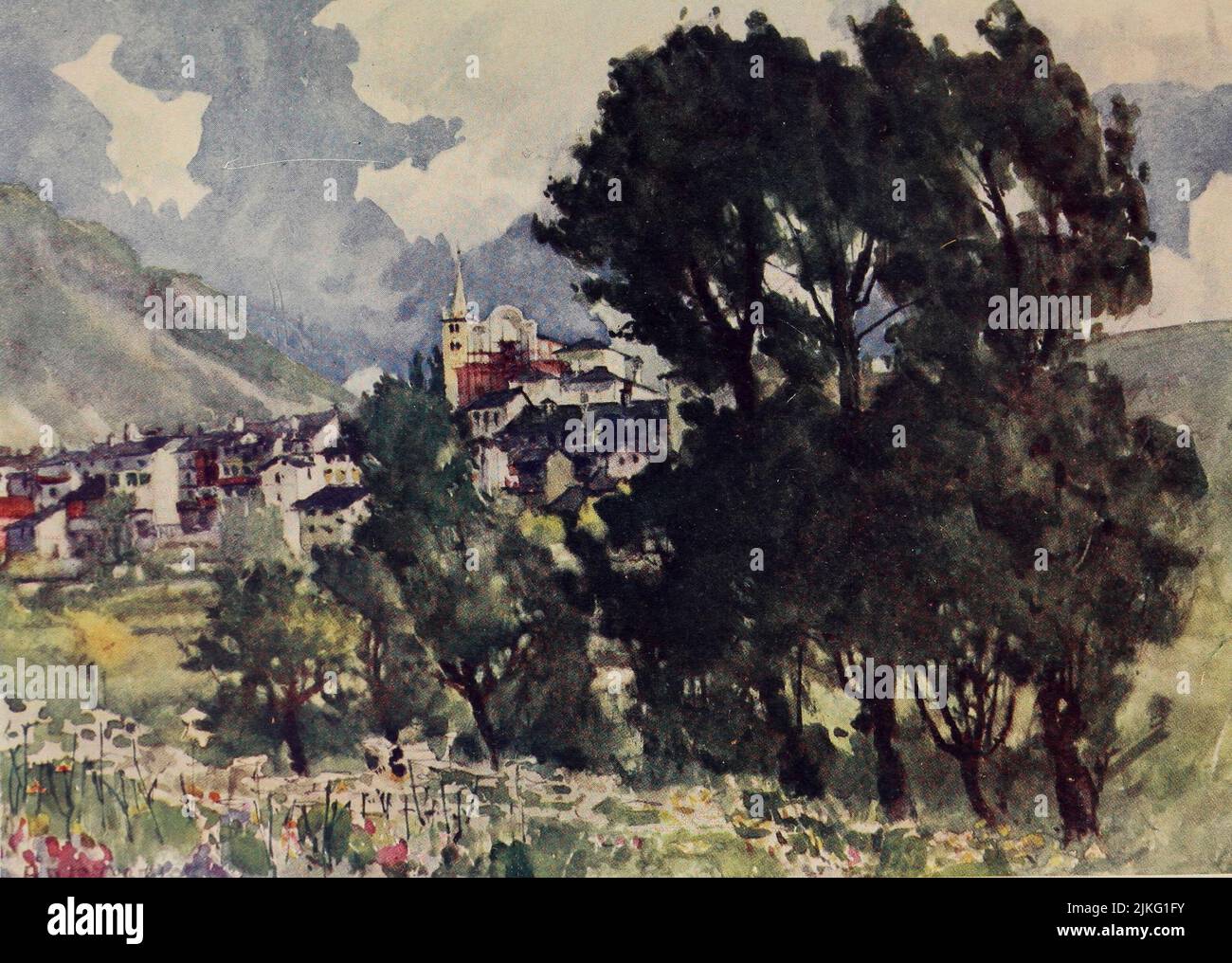 Chatillon, Val d’Aosta dipinto da A. D. McCormick dal libro 'le Alpi' di Sir William Martin Conway, Pubblicazione data 1904 Editore Londra : Adam e Charles Black Arthur David McCormick FRGS (Coleraine, 14 ottobre 1860 – 1943) è stato un illustratore e pittore britannico di paesaggi, scene storiche, soggetti navali e scene di genere. Foto Stock