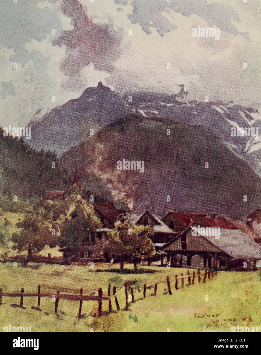 Un Comer della città di Altdorf la scena tradizionale delle imprese di William Tell. Qui Gessler ha governato e la sparatoria della mela ha avuto luogo. Un luogo di pellegrinaggio patriottico dei giovani svizzeri dipinto da A. D. McCormick dal libro 'le Alpi' di Sir William Martin Conway, anno di pubblicazione 1904 Editore Londra : Adam e Charles Black Arthur David McCormick FRGS (Coleraine, 14 ottobre 1860 – 1943) è stato un illustratore e pittore britannico di paesaggi, scene storiche, soggetti navali e scene di genere. Foto Stock