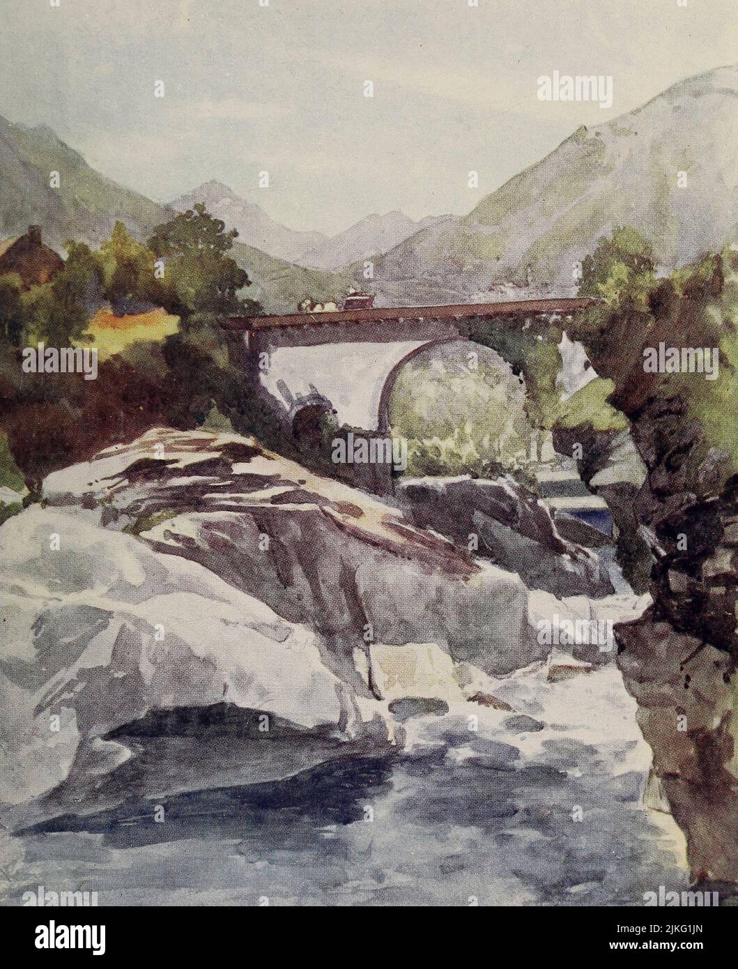 Ponte Brolla sopra la Maggia, vicino al suo incrocio con la Melezza guardando la Val Centavalli dipinto da A. D. McCormick dal libro 'le Alpi' di Sir William Martin Conway, Data di pubblicazione 1904 Editore Londra : Adam e Charles Black Arthur David McCormick FRGS (Coleraine, 14 ottobre 1860 – 1943) è stato un illustratore e pittore britannico di paesaggi, scene storiche, soggetti navali e scene di genere. Foto Stock