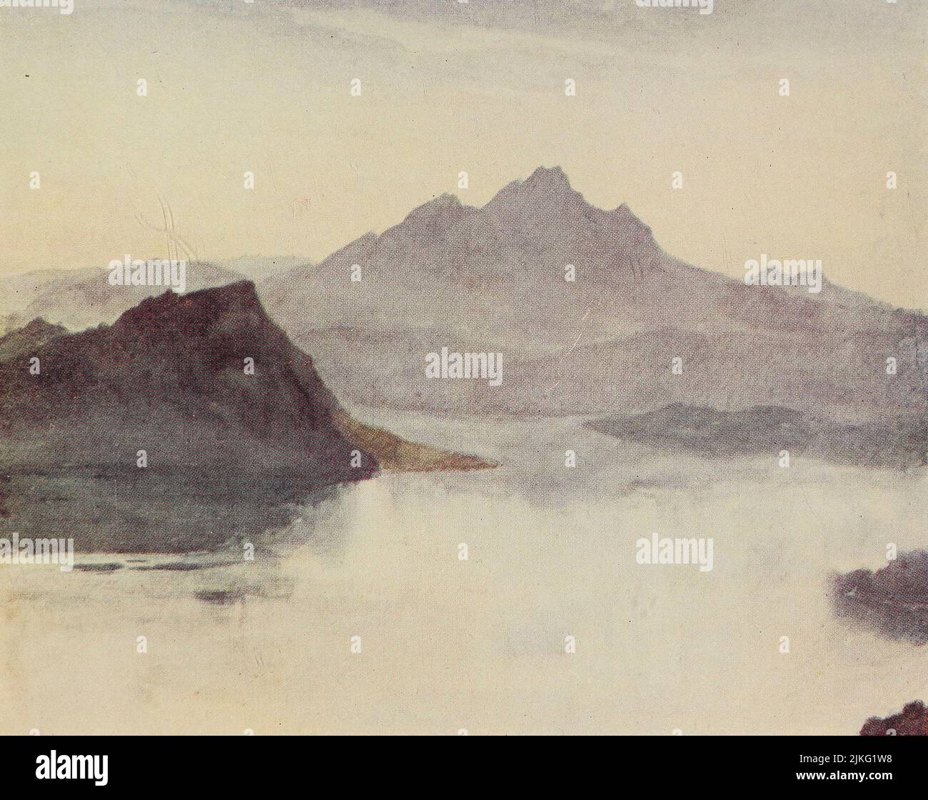 Pilatus e il lago di Lucerna dalle pendici del Rigi dipinte da A. D. McCormick dal libro 'le Alpi' di Sir William Martin Conway, Data di pubblicazione 1904 Editore Londra : Adam e Charles Black Arthur David McCormick FRGS (Coleraine, 14 ottobre 1860 – 1943) è stato un illustratore e pittore britannico di paesaggi, scene storiche, soggetti navali e scene di genere. Foto Stock
