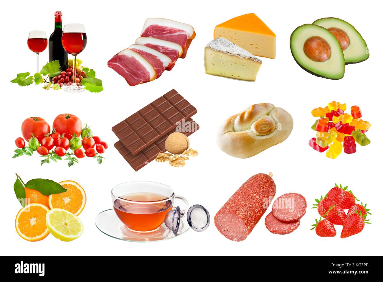 Collage e vari alimenti con istamina isolato su sfondo bianco Foto Stock
