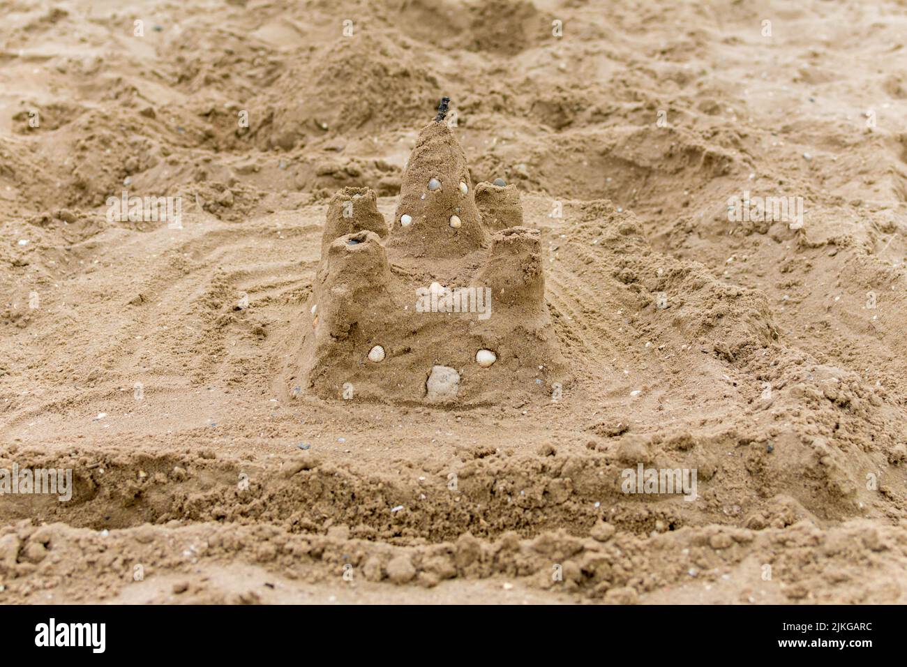 Castello di sabbia e conchiglie sulla spiaggia al sole. Luogo per un'iscrizione. Foto Stock