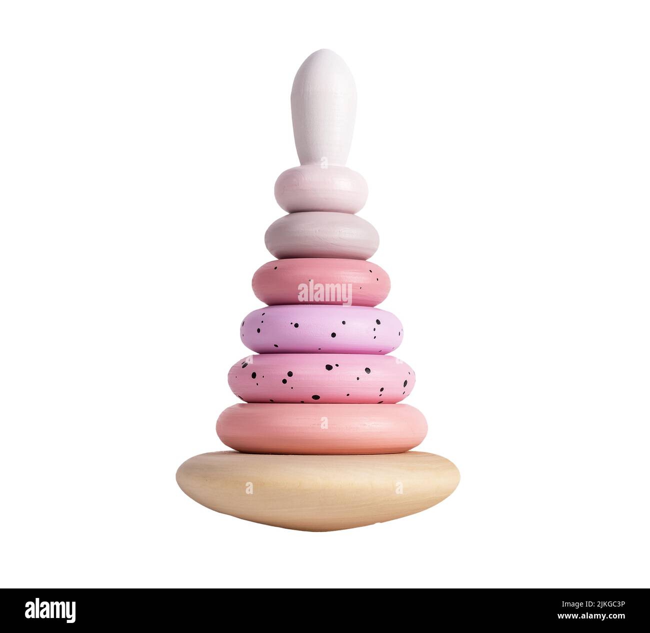 Piramide in legno pastello per bambini isolato su sfondo bianco. Giocattolo per bambini per attività di impilamento. Foto di alta qualità Foto Stock