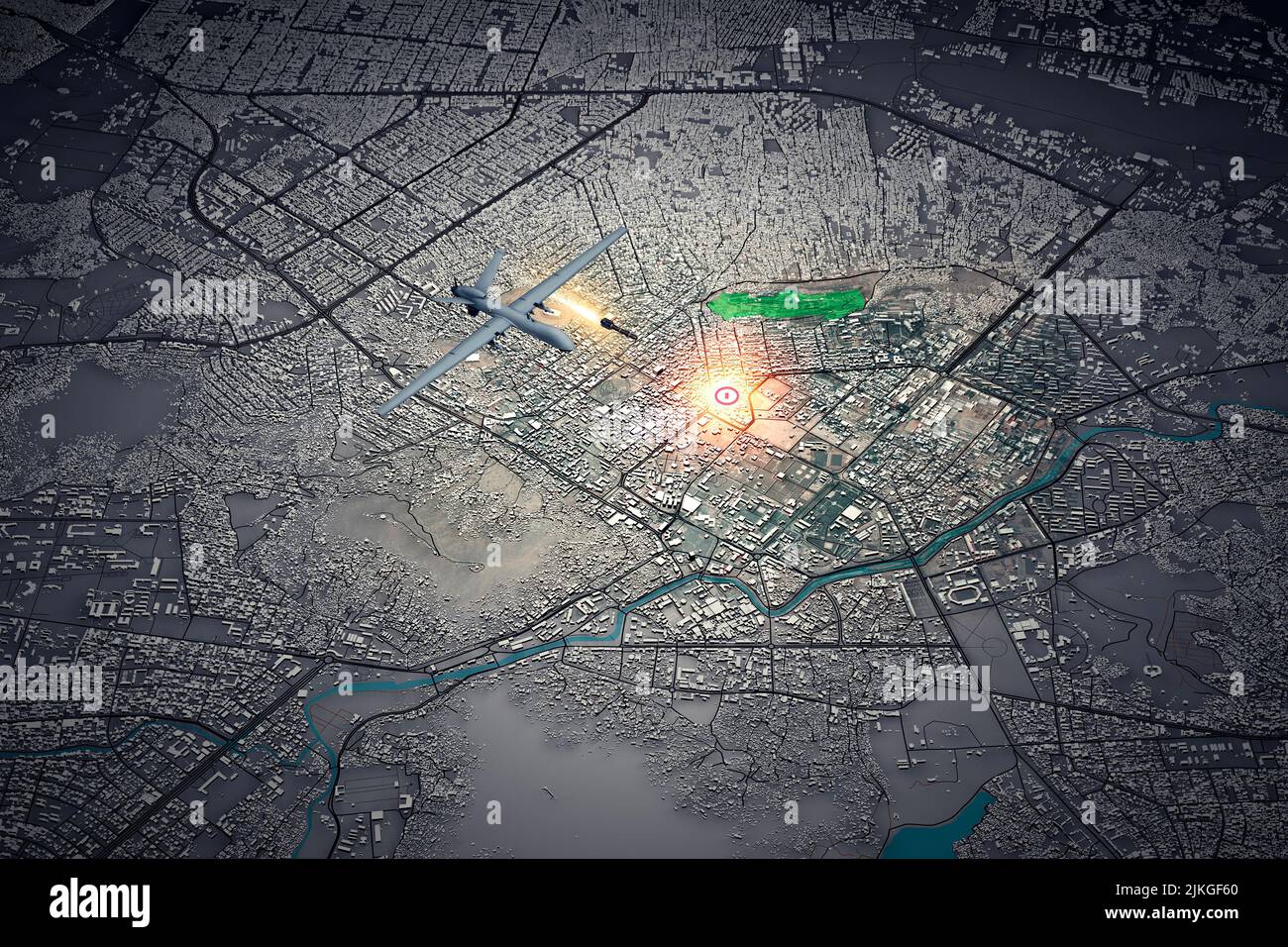 Vista satellitare di Kabul. Lo sciopero del drone americano uccide Ayman al-Zawahri, leader del Top Qaeda. Afghanistan. Drone con missile, bersaglio militare. 3d rendering Foto Stock