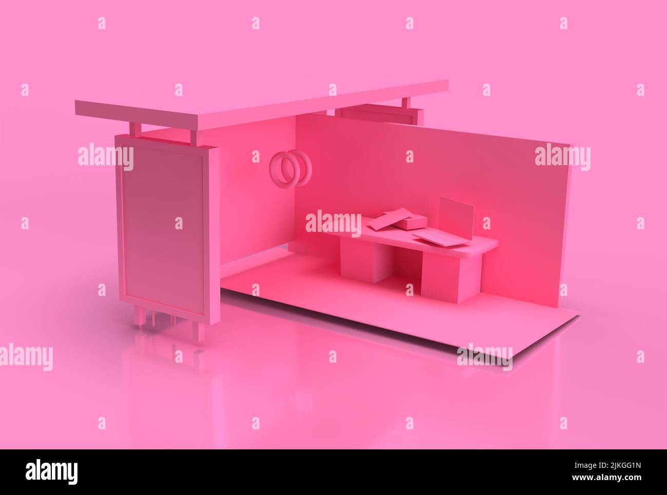 Astratto Pink Office 3D Render su sfondo rosa. Foto Stock