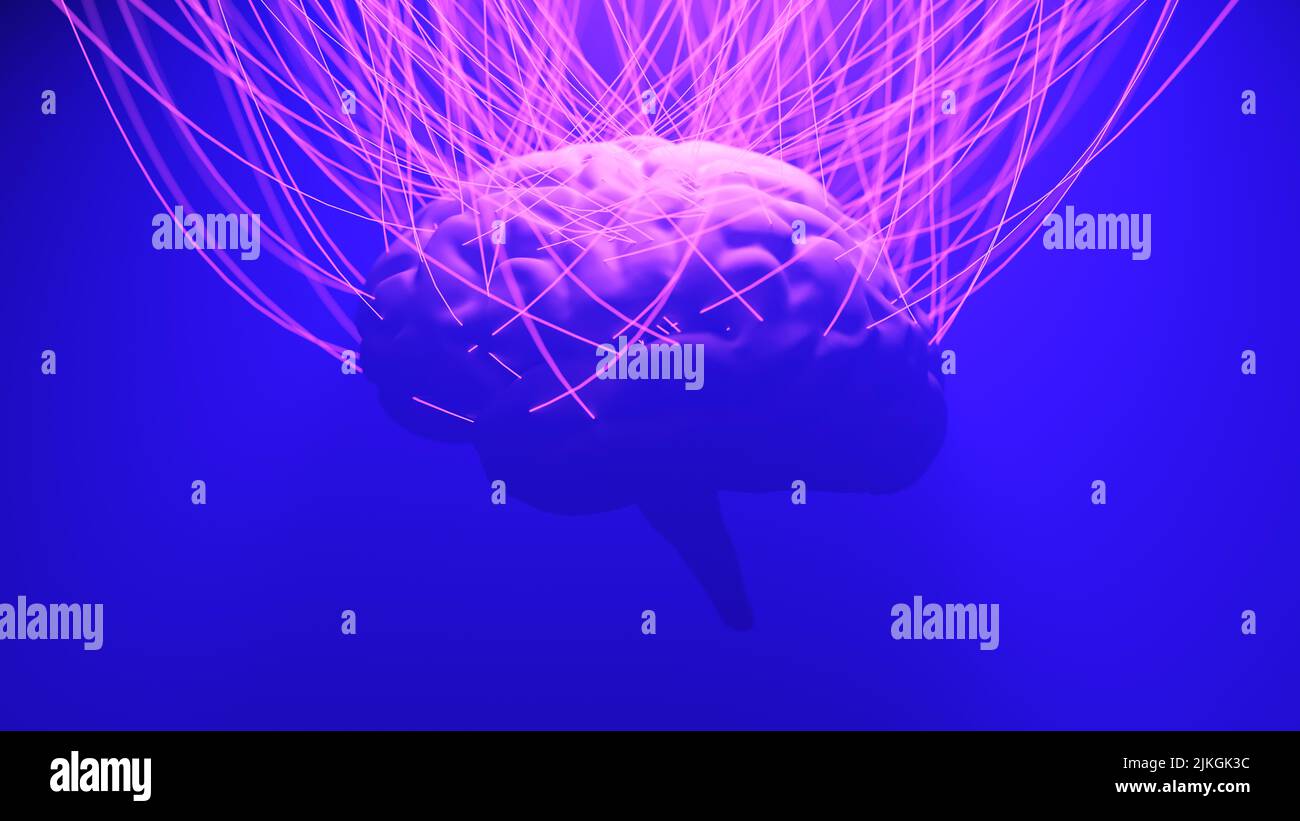 Cervello con molti fili collegati. Concetto di cyberpunk metaverse. Collegamento futuristico del neurone. 3d rappresentazione illustrazione Foto Stock