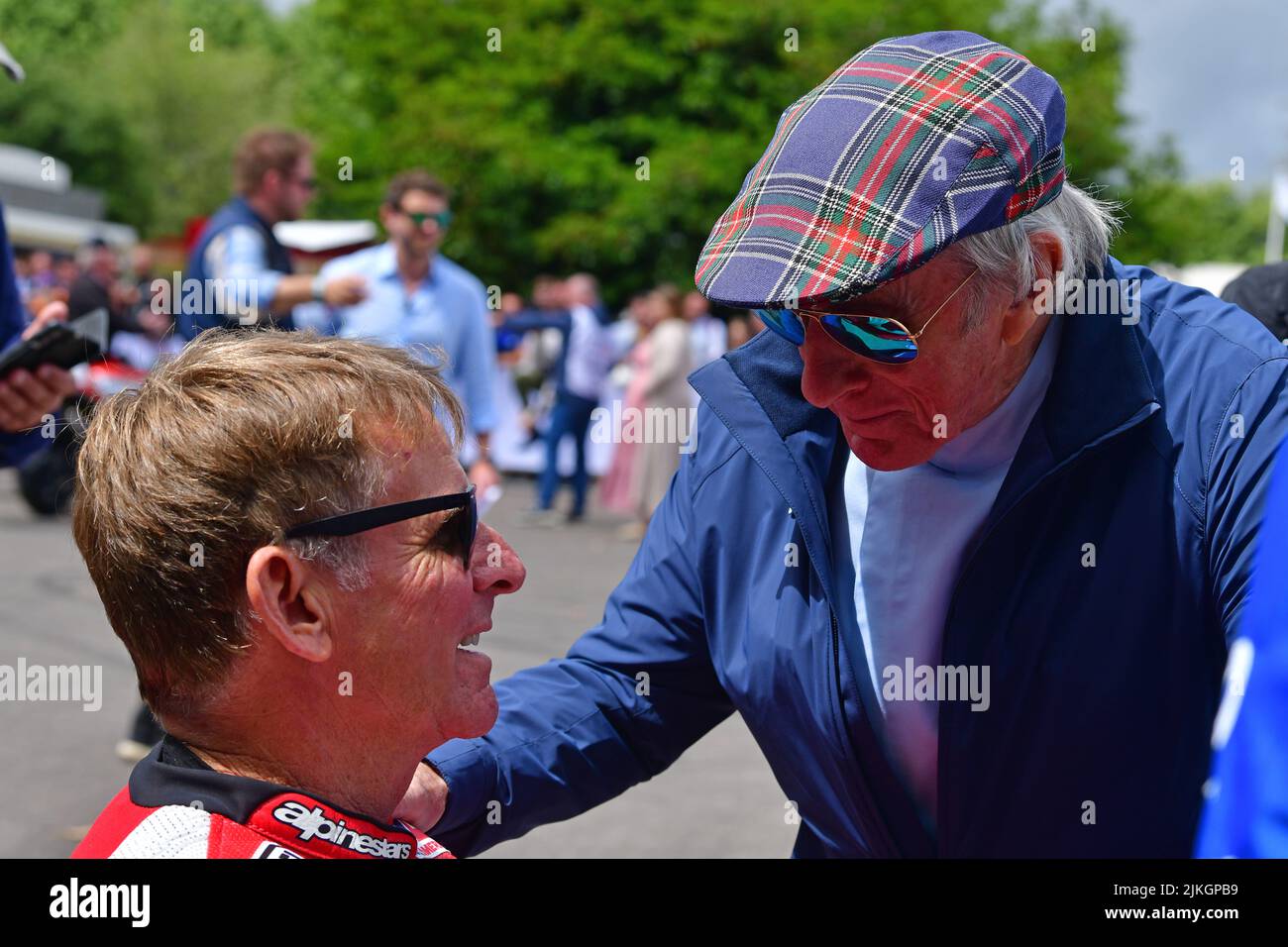 Wayne Rainey, Sir Jackie Stewart, Yamaha YZR500, due ruote Grand Prix Heroes, iconiche moto da corsa dalla fine degli anni '40 al 2021, Goodwood Festiva Foto Stock