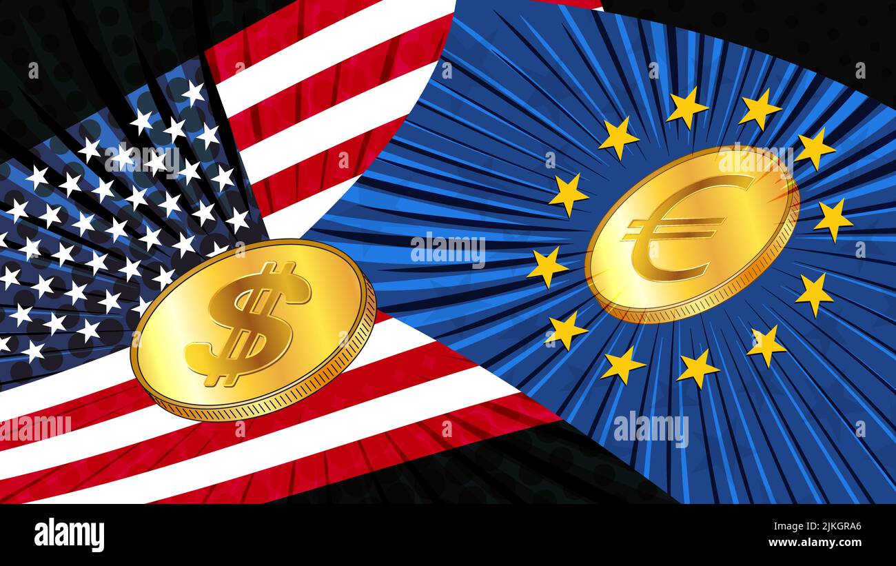 Monete d'oro di dollari americani USD ed euro EUR con bandiere nazionali colorate di America ed Europa. I tassi di cambio sono quasi uguali e chi ora è leade Illustrazione Vettoriale