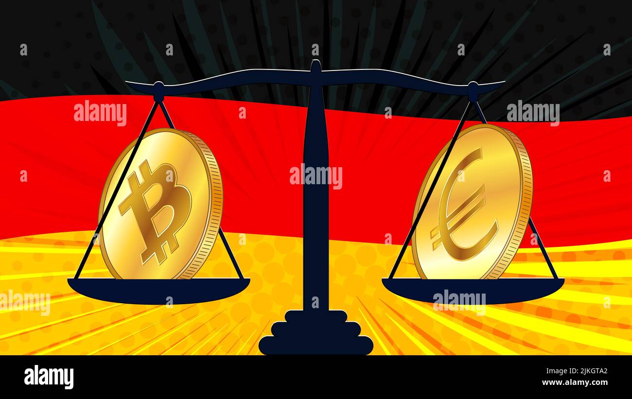 Moneta d'oro di Bitcoin BTC ed euro EUR su scale e bandiera colorata della Germania sullo sfondo. La Banca centrale di Germania adotta leggi sui beni digitali C Illustrazione Vettoriale
