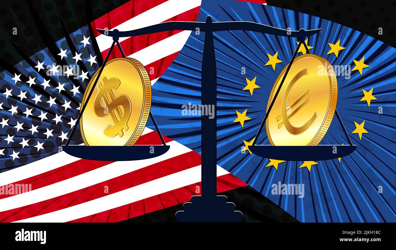 Monete d'oro di dollari americani USD ed euro EUR su scala con bandiere nazionali colorate di America ed Europa. I tassi di cambio sono quasi uguali e chi è Illustrazione Vettoriale