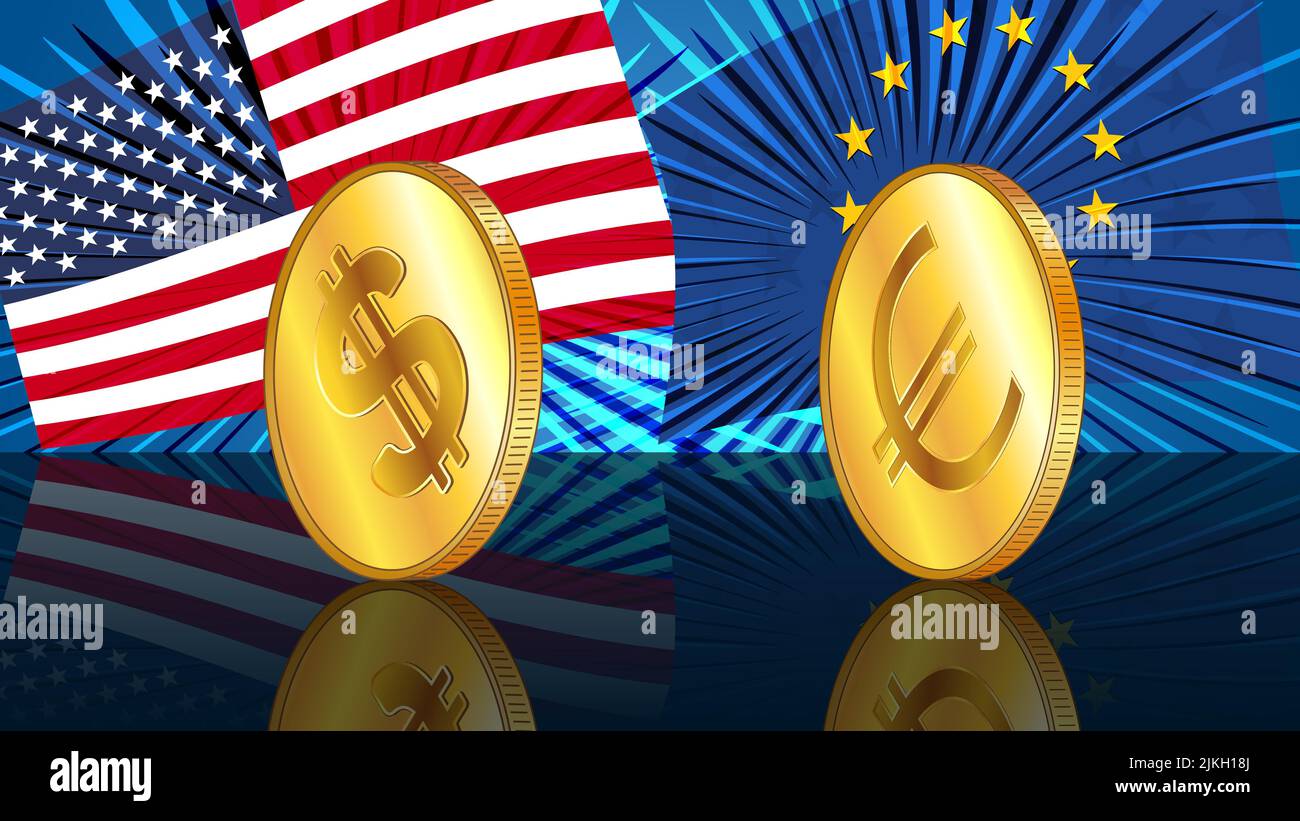 Monete d'oro di dollari americani USD ed euro EUR su pavimento specchiato con bandiere colorate di America ed Europa. I tassi di cambio sono quasi uguali e chi è Illustrazione Vettoriale