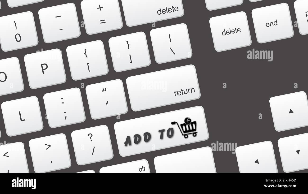 Aggiungi al carrello su tastiera computer bianca con icona carrello,Aggiungi al carrello su tastiera computer bianca. Foto Stock