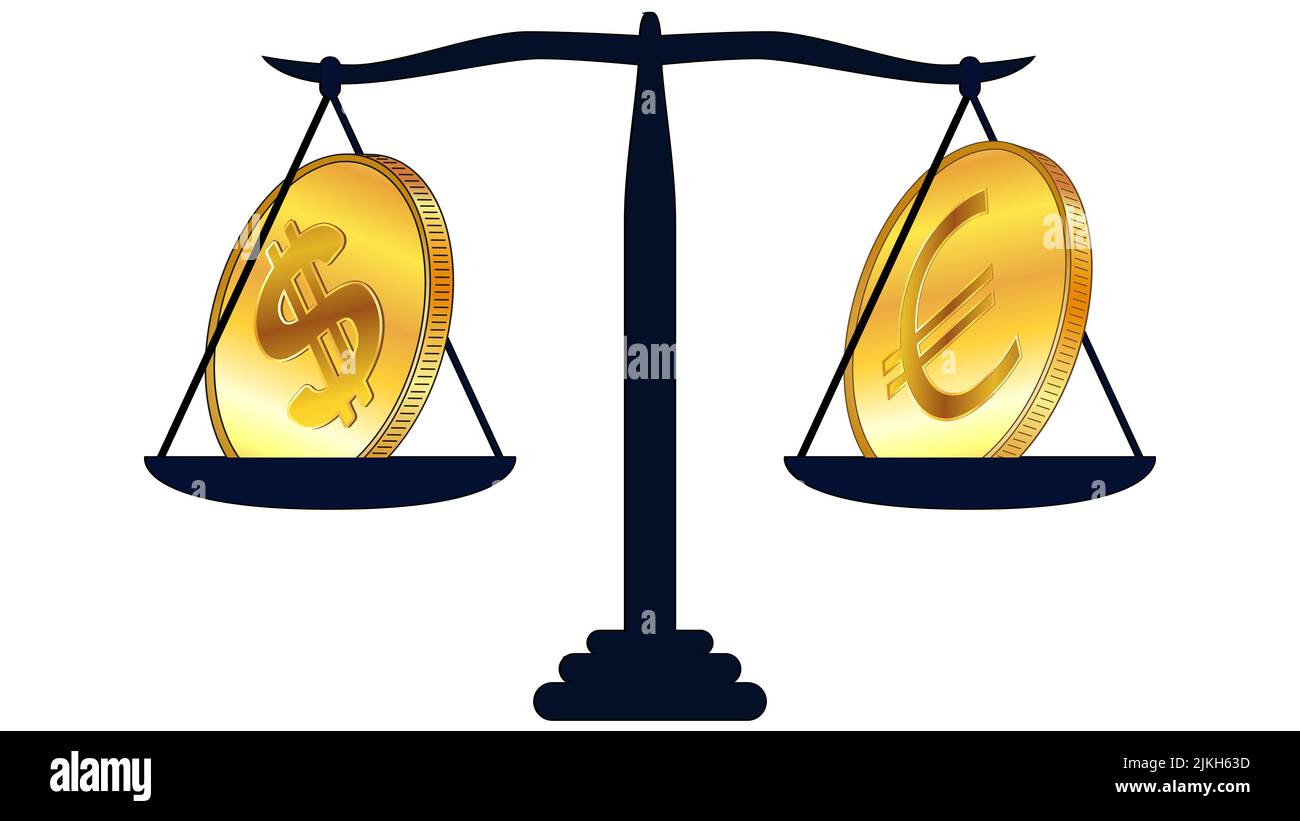 Monete d'oro di dollari americani USD ed euro EUR su scale uguali in peso isolate su sfondo bianco. I tassi di cambio sono quasi uguali e chi è ora Illustrazione Vettoriale