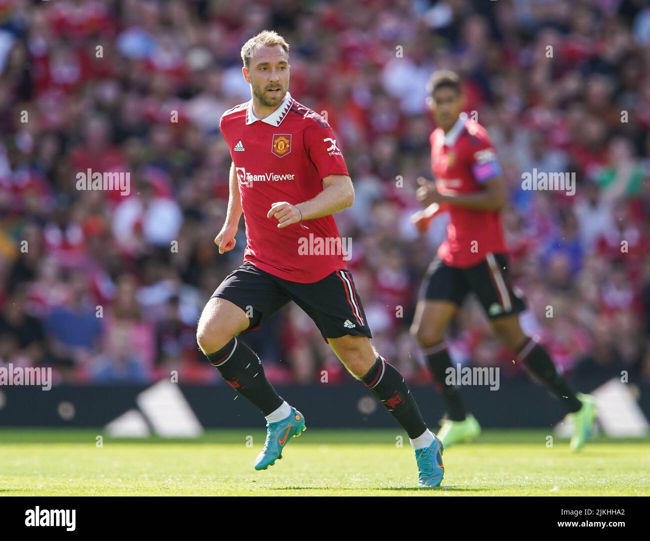 Christian Eriksen del Manchester United durante la partita pre-stagionale all'Old Trafford, Manchester. Data foto: Domenica 31 luglio 2022. Foto Stock