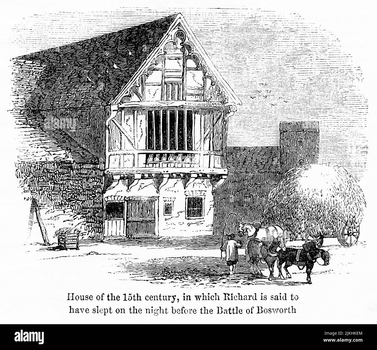 Casa del XV secolo, in cui si dice che Richard abbia dormito la notte prima della Battaglia di Bosworth, Illustrazione dal Libro, 'John Cassel’s Illustrated History of England, Volume II', testo di William Howitt, Cassell, Petter, e Galpin, Londra, 1858 Foto Stock