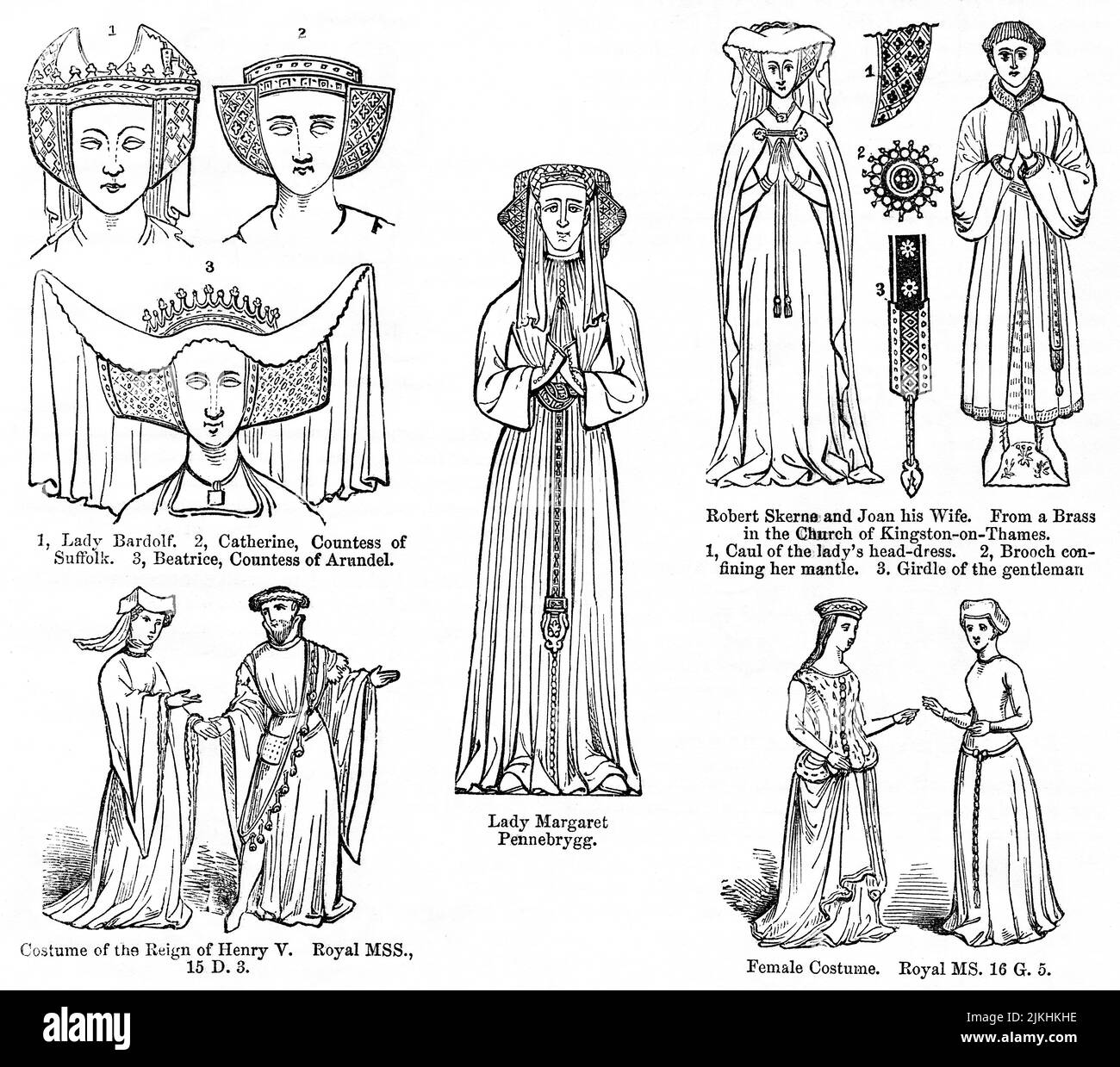 Costumi del regno di Enrico V, illustrazione del libro, 'John Cassel’s Illustrated History of England, Volume II', testo di William Howitt, Cassell, Petter, e Galpin, Londra, 1858 Foto Stock