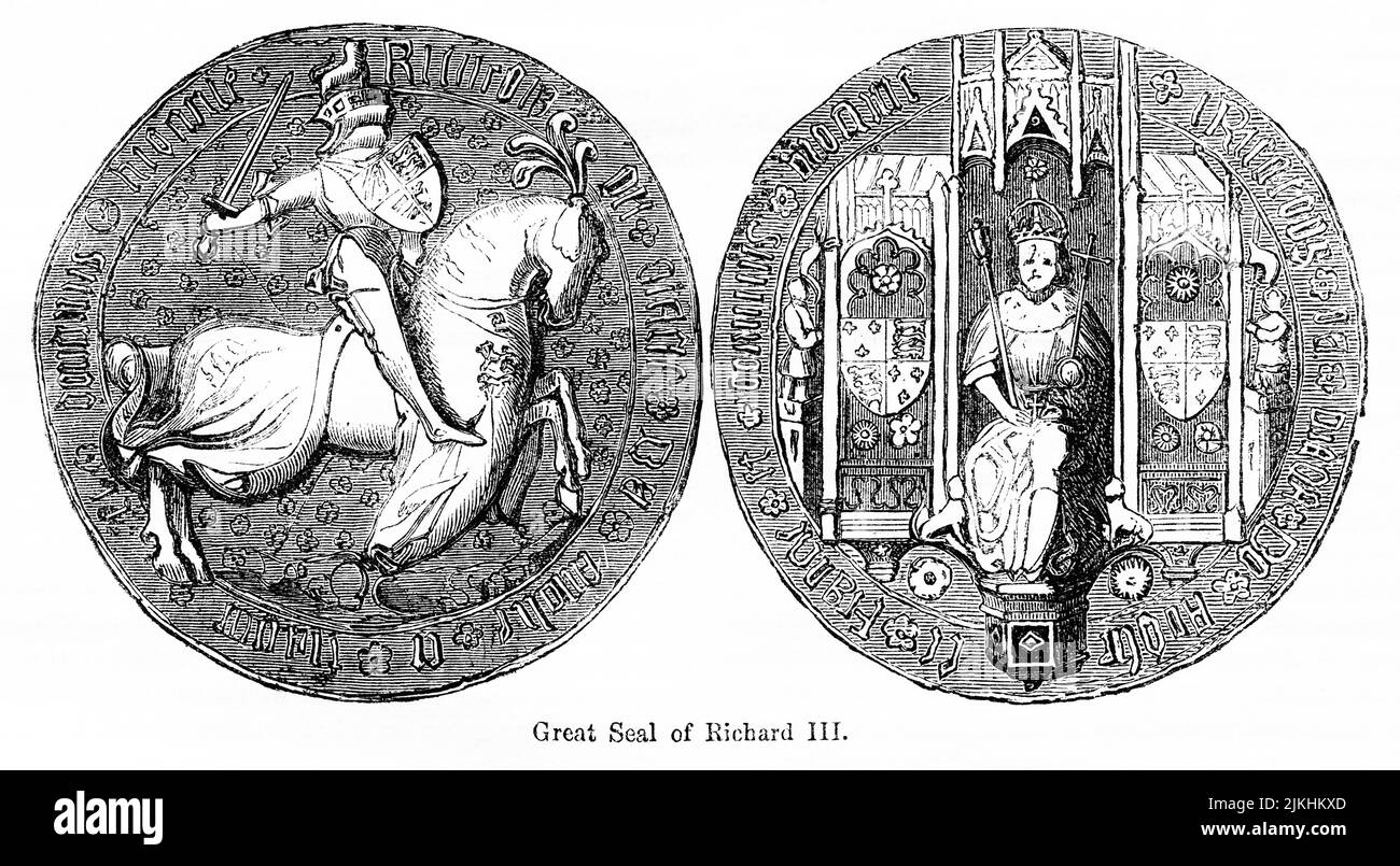 Grande Sigillo di Riccardo III, Illustrazione dal Libro, 'John Cassel’s Illustrated History of England, Volume II', testo di William Howitt, Cassell, Petter, and Galpin, Londra, 1858 Foto Stock