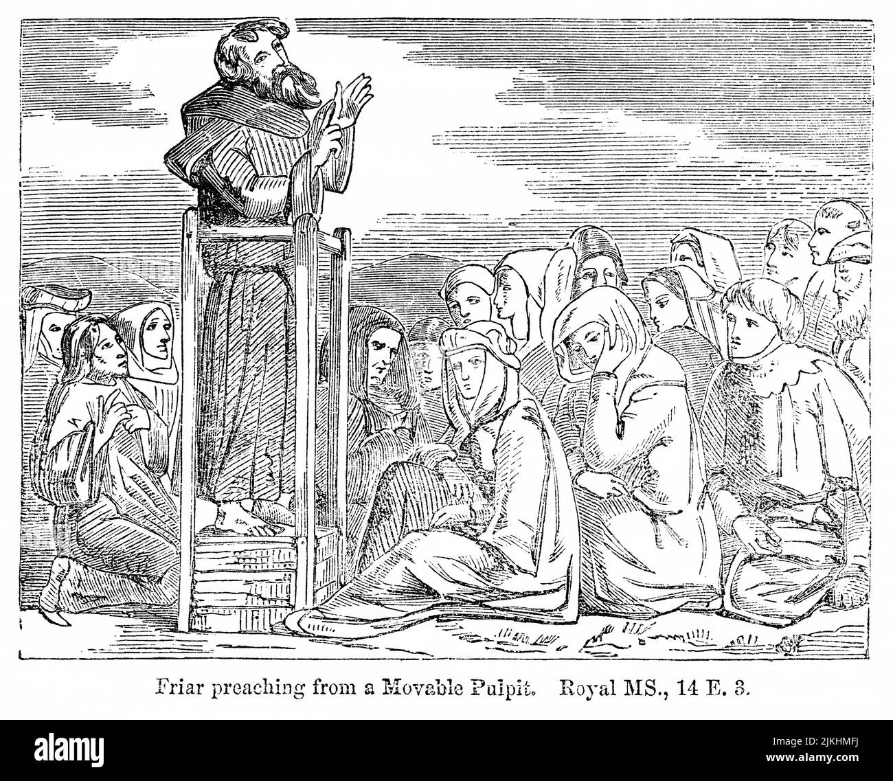Frate predicando da un Pulpit mobile, illustrazione dal libro, 'John Cassel’s Illustrated History of England, Volume II', testo di William Howitt, Cassell, Petter, e Galpin, Londra, 1858 Foto Stock