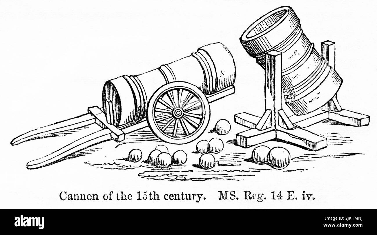 Cannon del 15th secolo, Illustrazione dal Libro, 'John Cassel’s Illustrated History of England, Volume II', testo di William Howitt, Cassell, Petter, and Galpin, Londra, 1858 Foto Stock