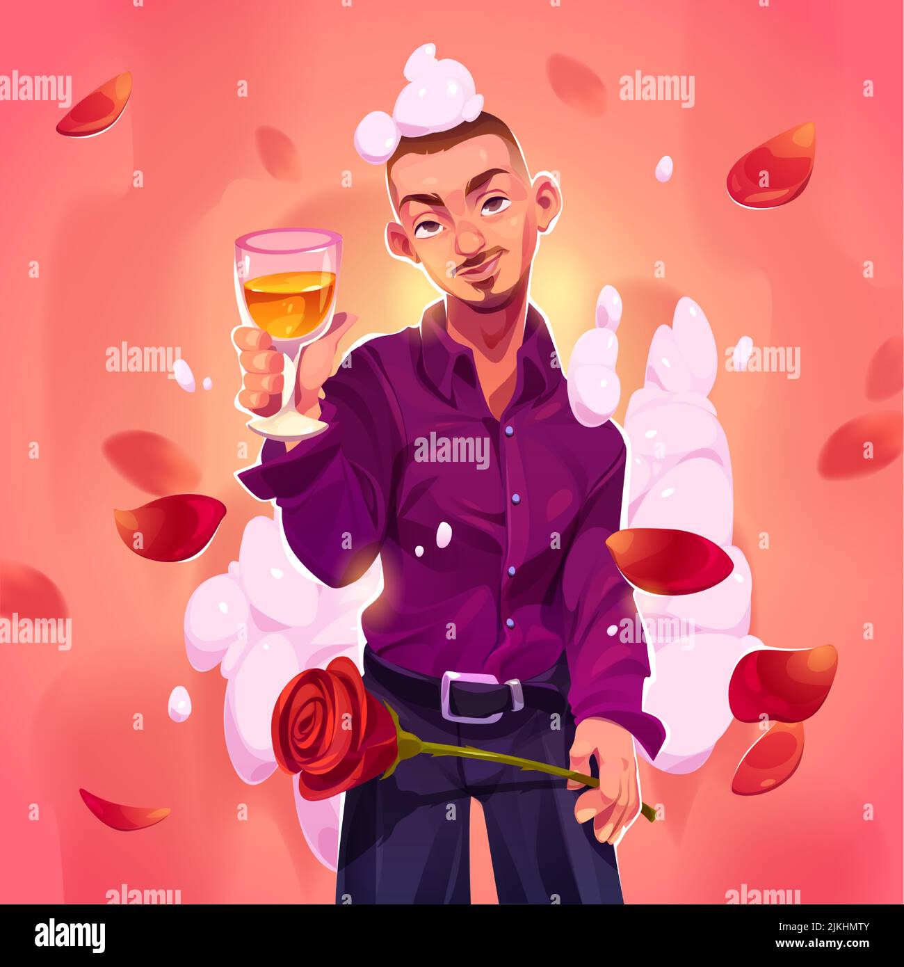 Scheda romantica con bel giovane uomo con bicchiere di vino e rosa rossa. Illustrazione vettoriale del personaggio maschile in camicia viola con schiuma sulla testa, champagne, fiore e petali cadenti Illustrazione Vettoriale