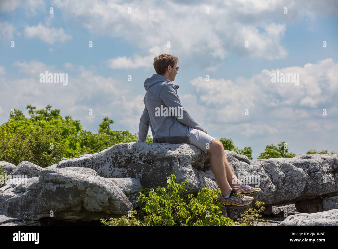 Un giovane uomo caucasico che guarda le montagne nelle rocce dell'orso in Dolly Sods Wilderness Area, WV, USA Foto Stock