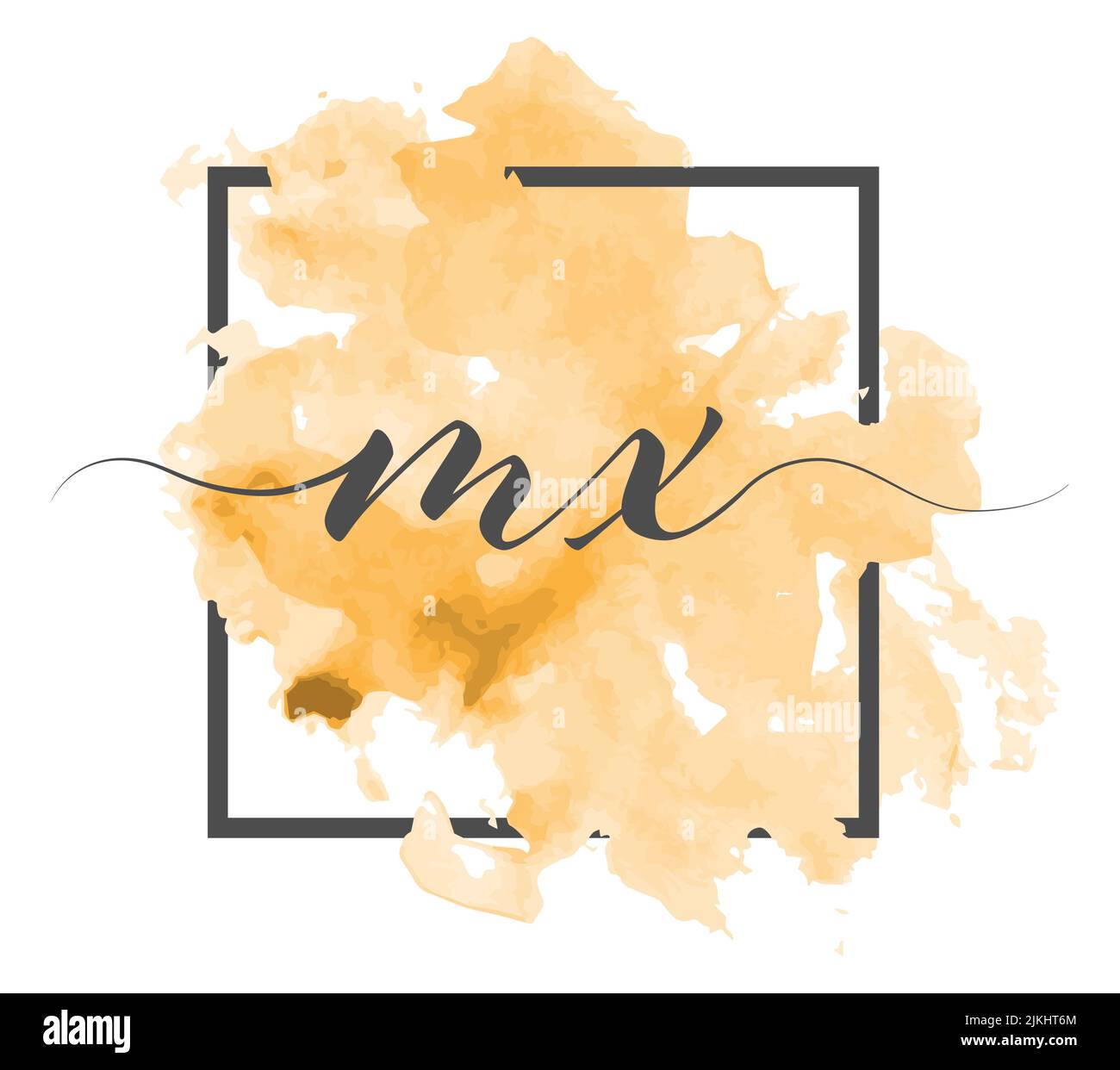 Le lettere minuscole M e X calligrafiche sono scritte in una linea continua su uno sfondo colorato in un riquadro Illustrazione Vettoriale
