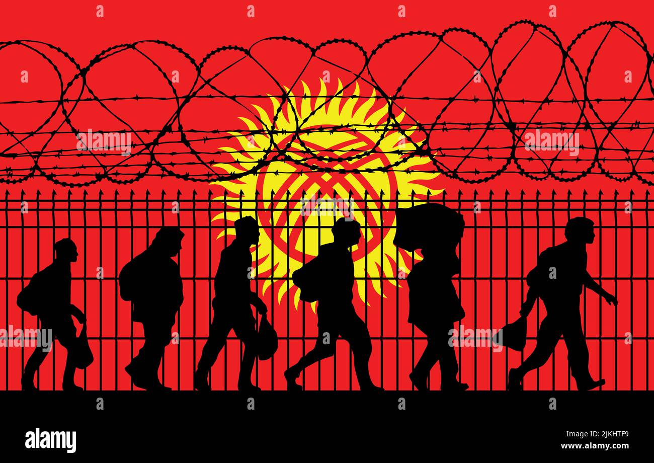 Bandiera del Kirghizistan - rifugiati vicino a recinzione spinato. I migranti migrano verso altri paesi. Foto Stock