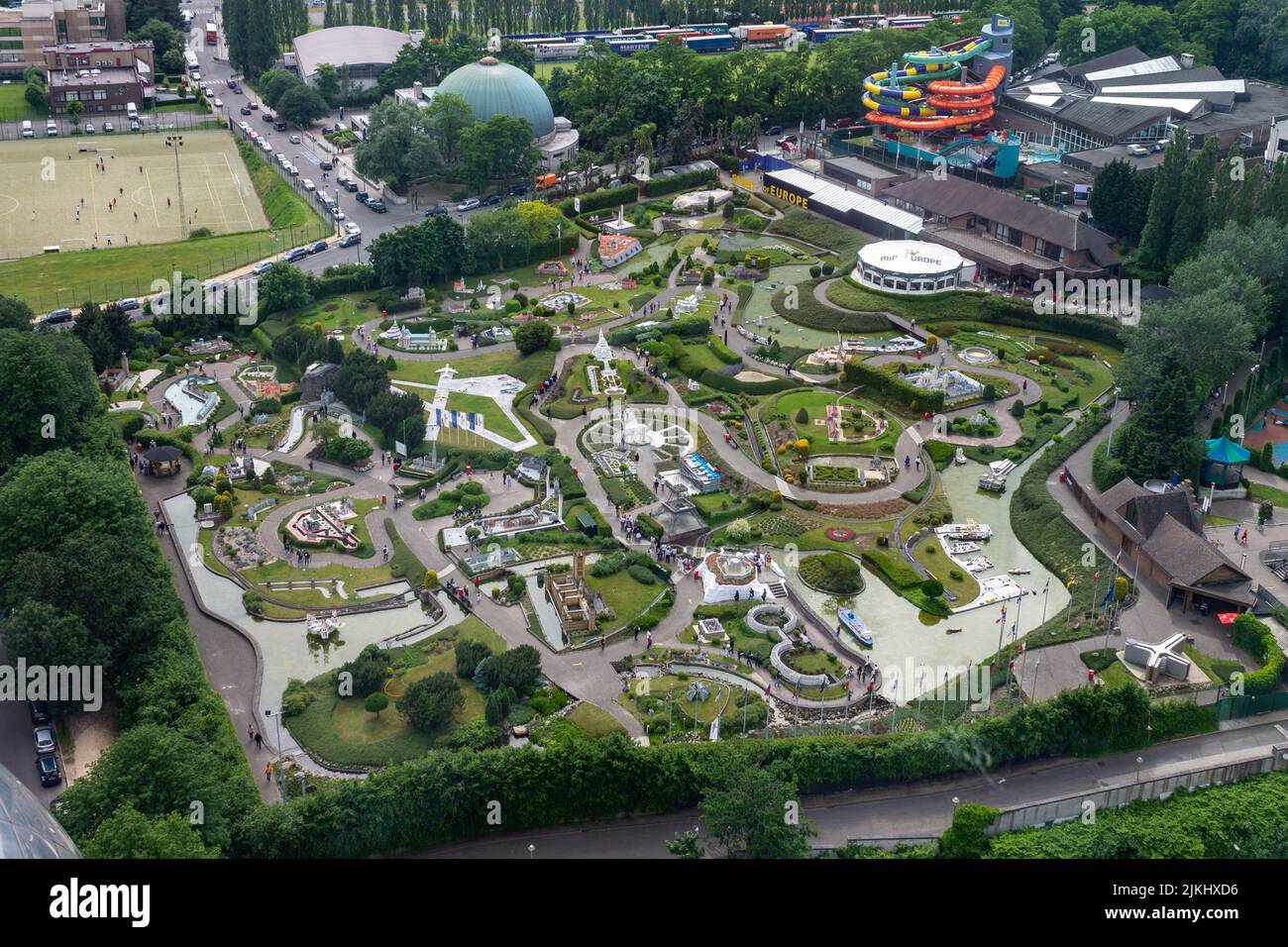 Una foto aerea del parco degli edifici in miniatura della Mini-Europa a Bruxelles, Belgio, Europa Foto Stock