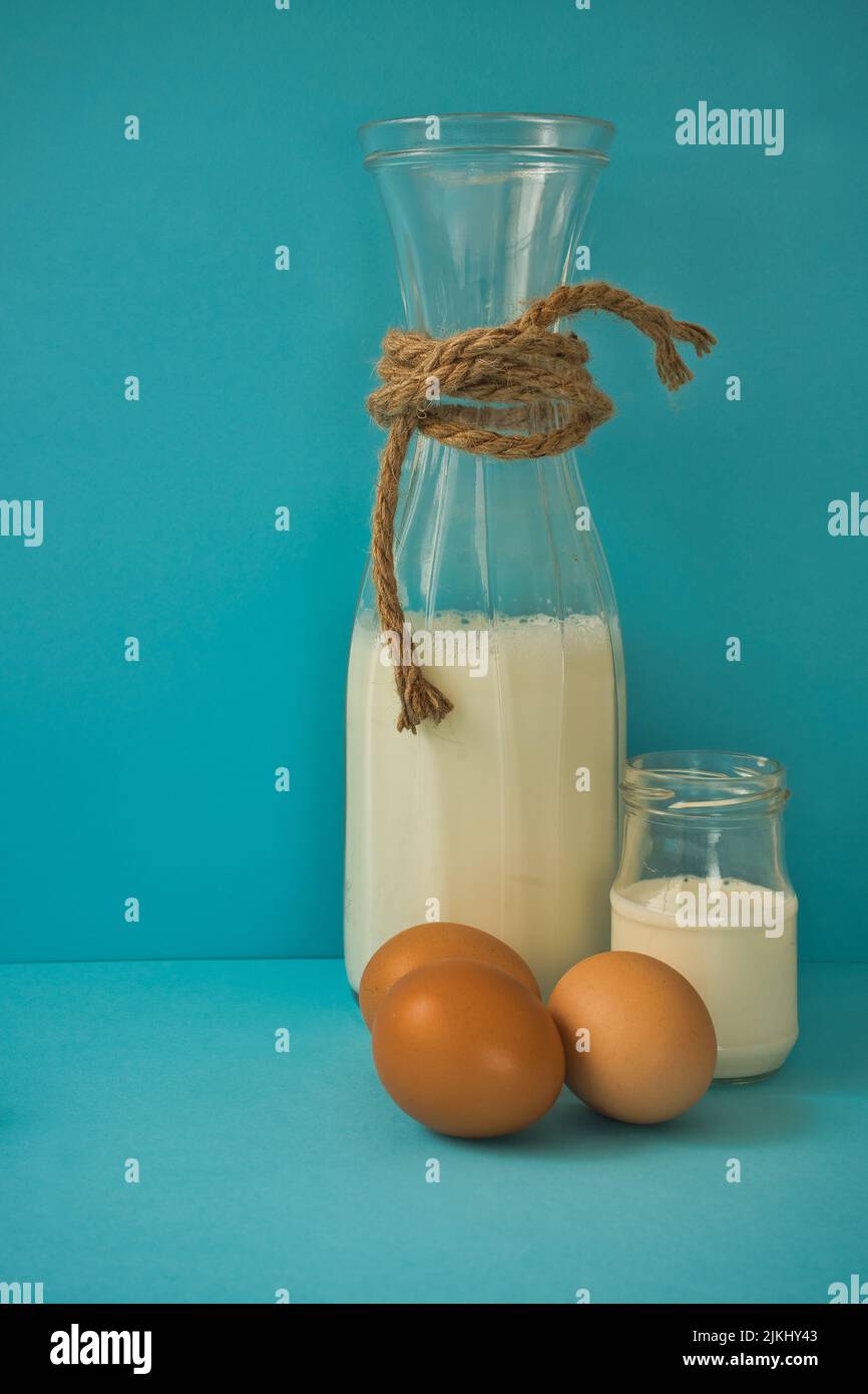 Diversi latticini su sfondo blu: Yogurt, formaggio, latte e uova. Vitamine solubili in acqua (B1, B2, niacina e acido folico) e solubili nei grassi v Foto Stock