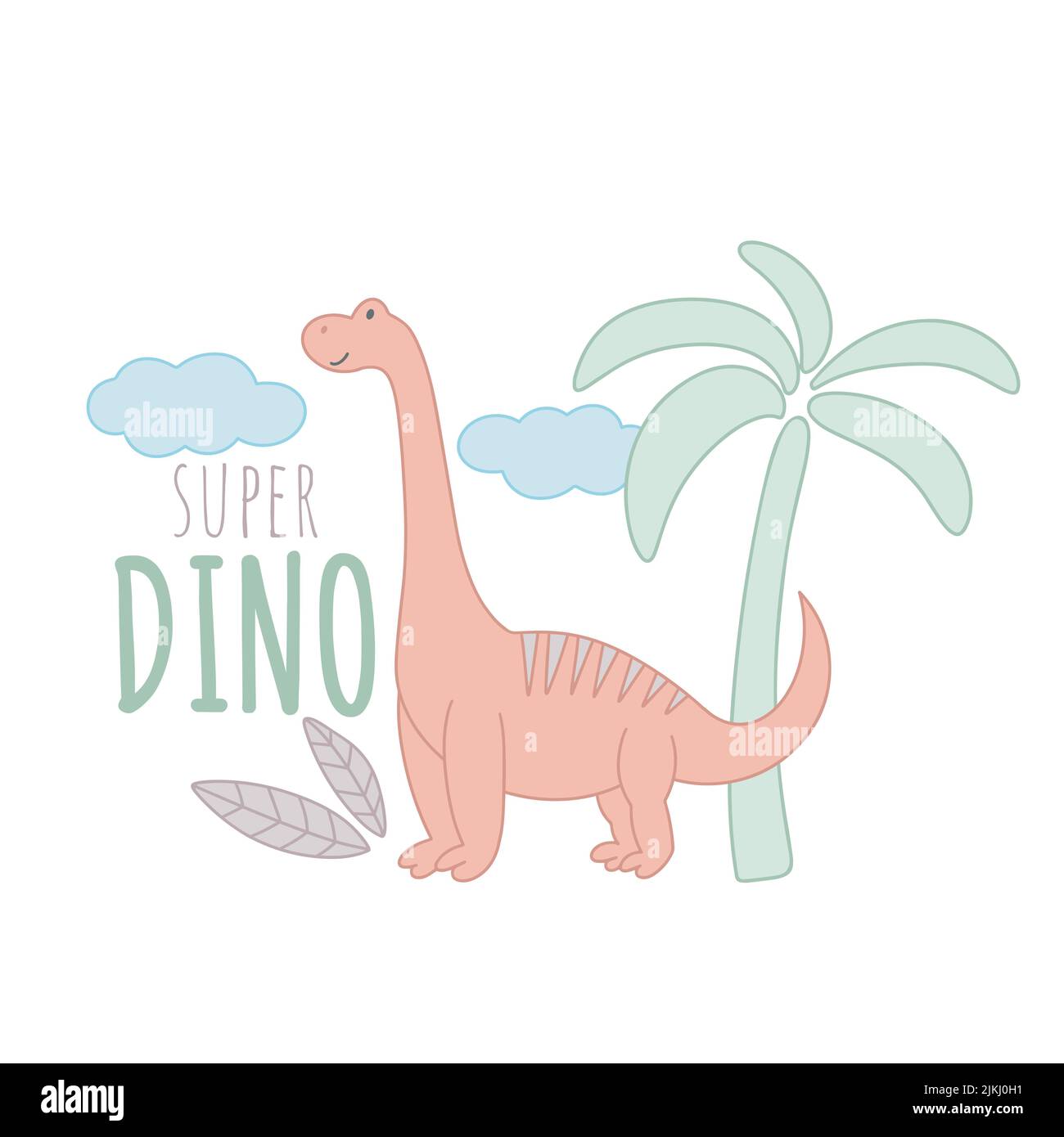 Biglietto per bambini con illustrazione del vettore di iscrizione. Kid composizione dinosauro carino con foglie di palma e nuvole. Carattere sorridente.Super Dino scritta Illustrazione Vettoriale