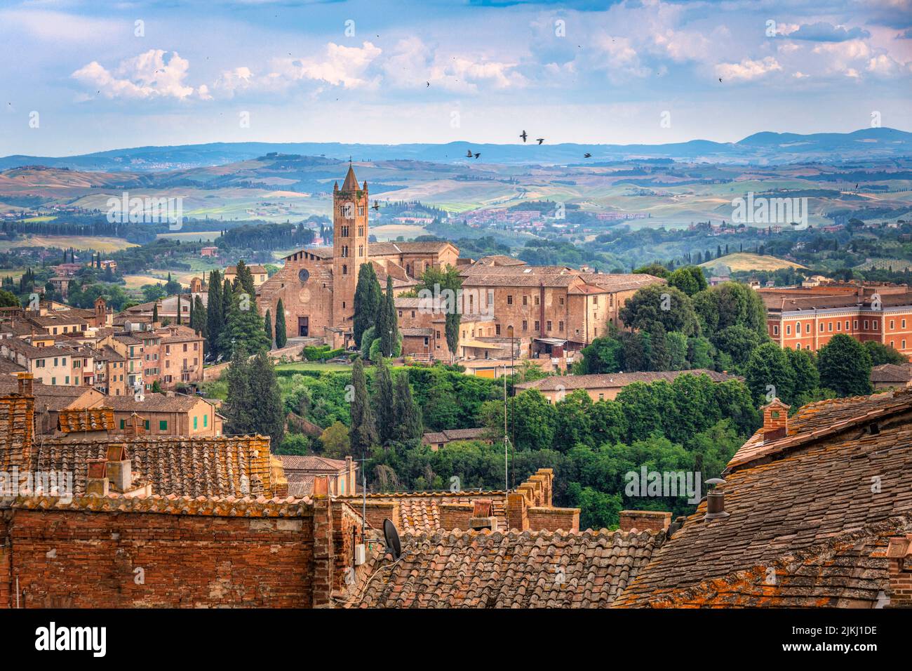Italia, Toscana, Siena. Santa Maria dei Servi e il paesaggio delle colline intorno al centro di Siena Foto Stock