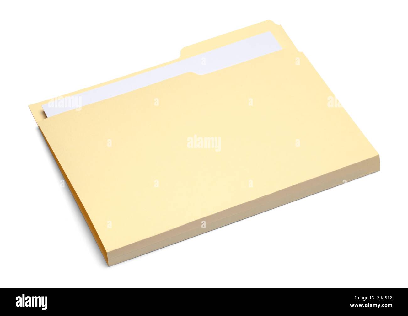 Cartella di file spessa gialla con taglio carta su bianco. Foto Stock