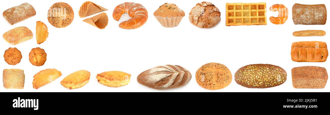 Impostare i prodotti dolci del pane in forma di cornice isolata su sfondo bianco. Foto Stock
