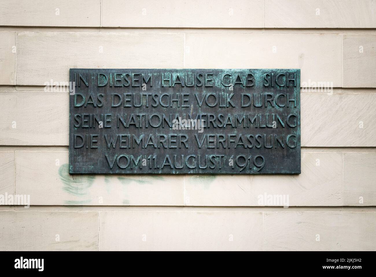 Weimar, Turingia, Theaterplatz, placca commemorativa, Assemblea Nazionale, 11.08.1919 Foto Stock
