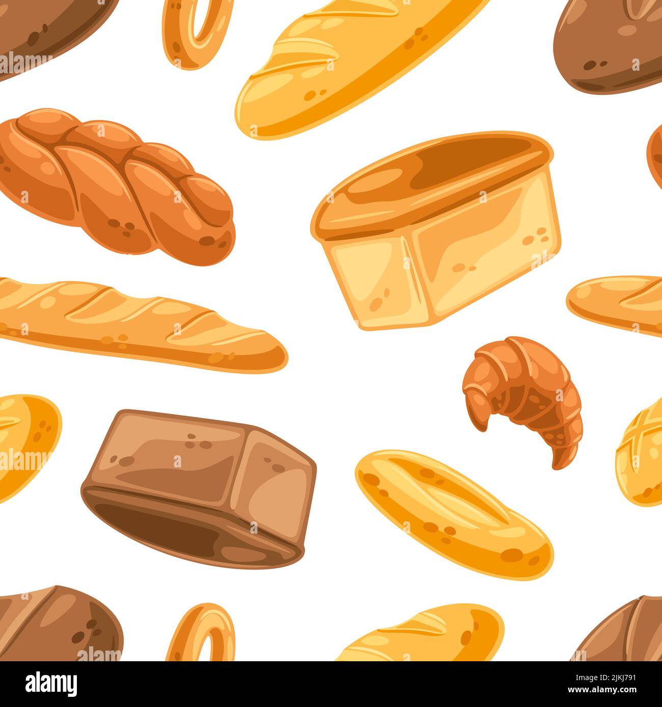 Modello senza cuciture con vari tipi di pane. Immagine per panifici e alimentari. Cibo tradizionale sano. Illustrazione Vettoriale