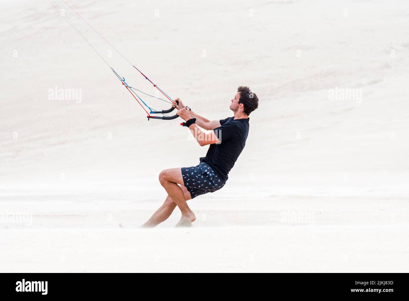 Giovane uomo che maneggia due maniglie di controllo di un addestratore di quattro linee volanti parafoil / 4 linea stunt kite sulla spiaggia sabbiosa in vento forte in estate Foto Stock