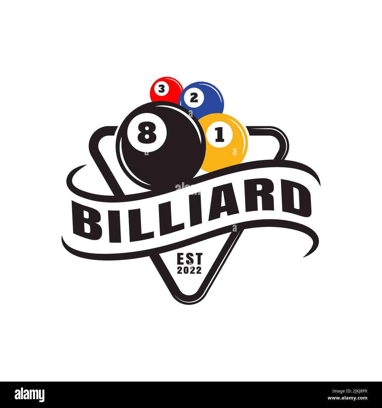 Biliardo Championship Sport badge design logo e testo semplice, sala biliardo o pool club e squadra, biliardo palla, icona, simbolo, modello Illustrazione Vettoriale