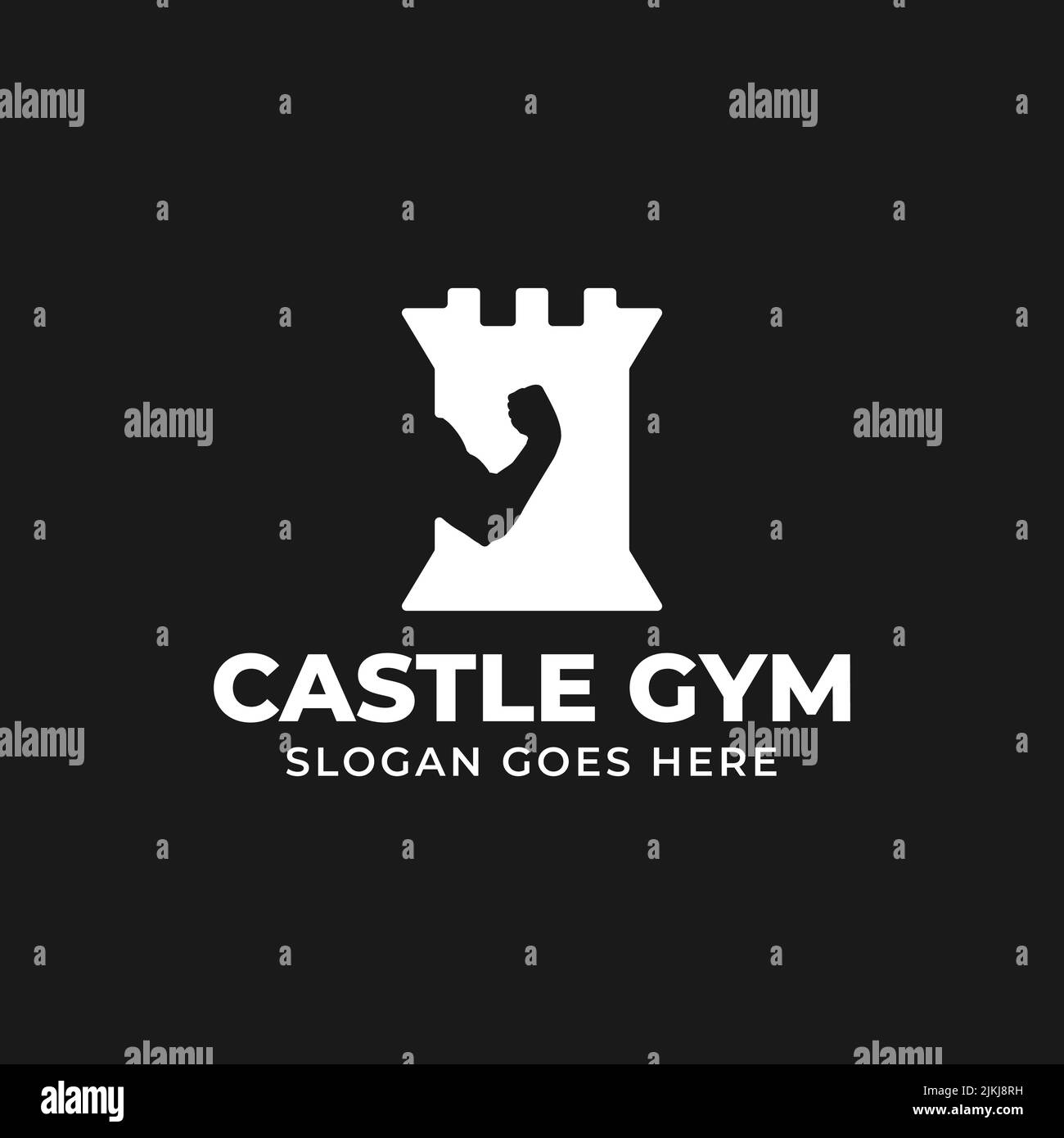 Illustrazione vettoriale del disegno del logo della palestra del castello con silhouette del castello e del bicep, migliore per la vostra icona, marchio del logo o azienda Illustrazione Vettoriale